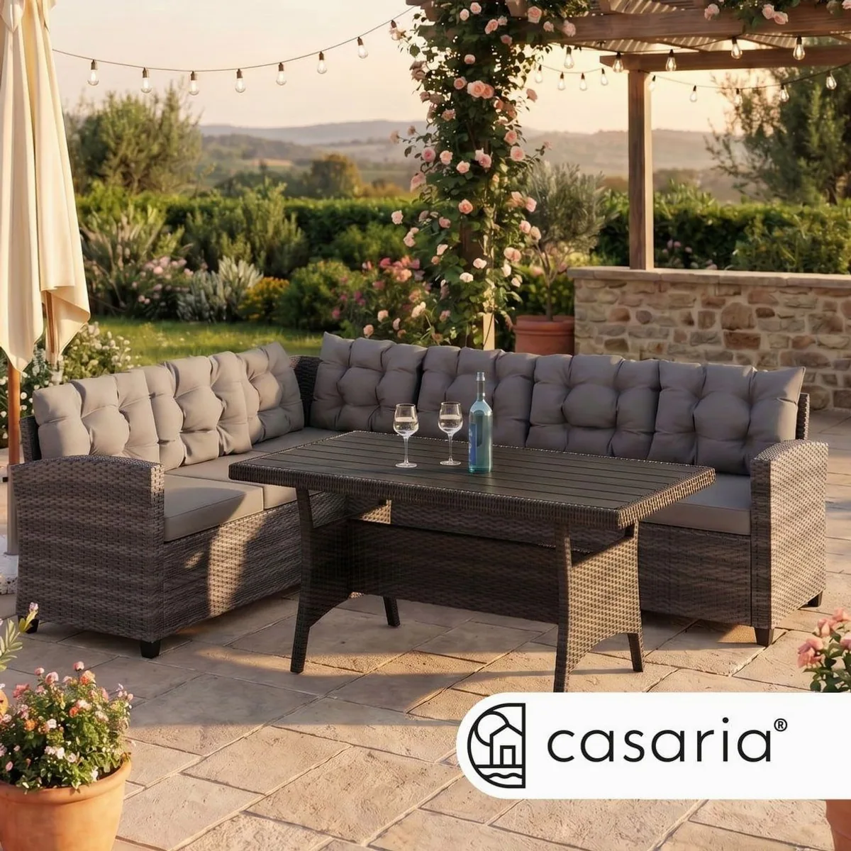 Casaria Gartenlounge-Set Lissabon, Polyrattan, wetterfest, mit WPC-Tischplatte 2
