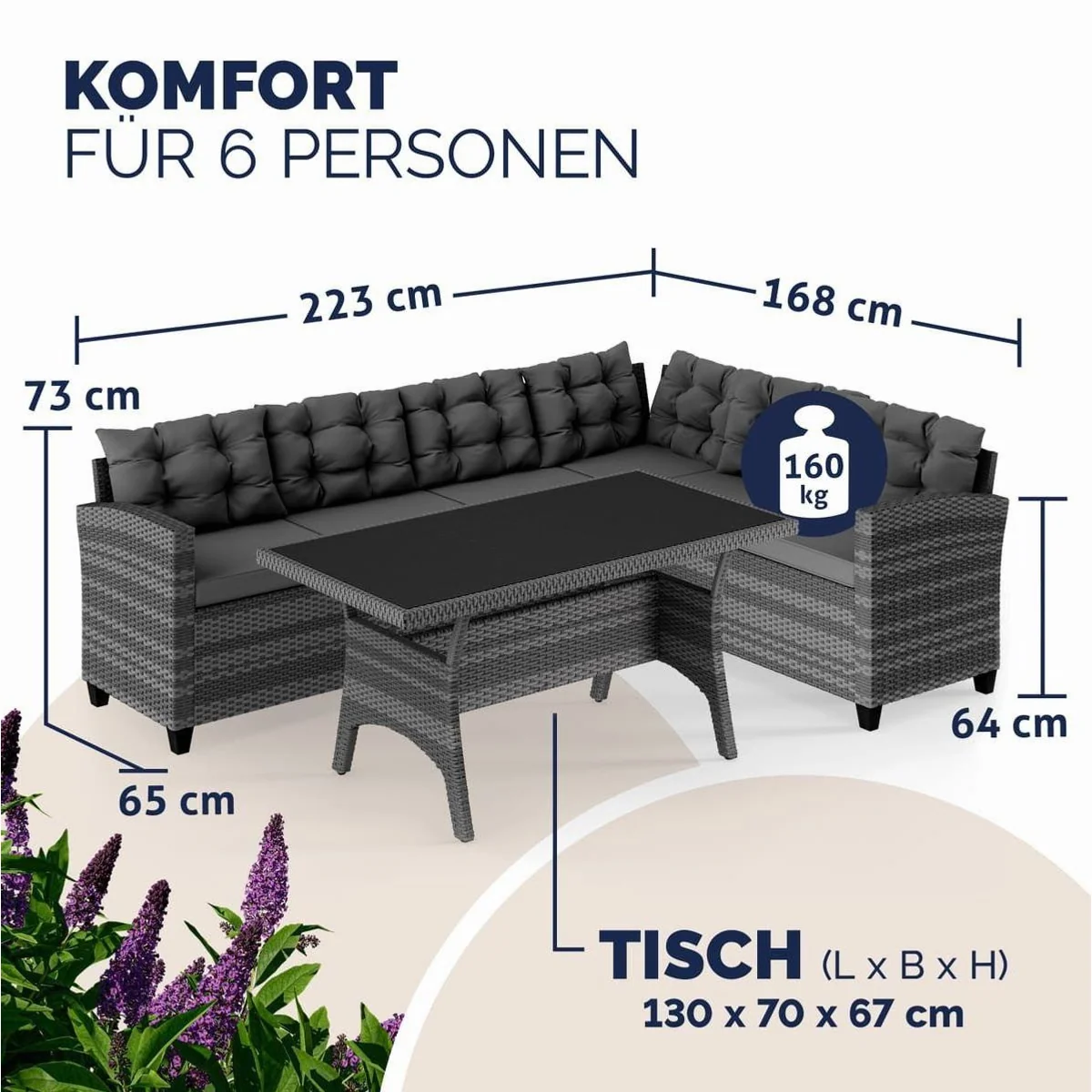 Casaria Gartenlounge-Set Lissabon, Polyrattan, wetterfest, mit WPC-Tischplatte 3
