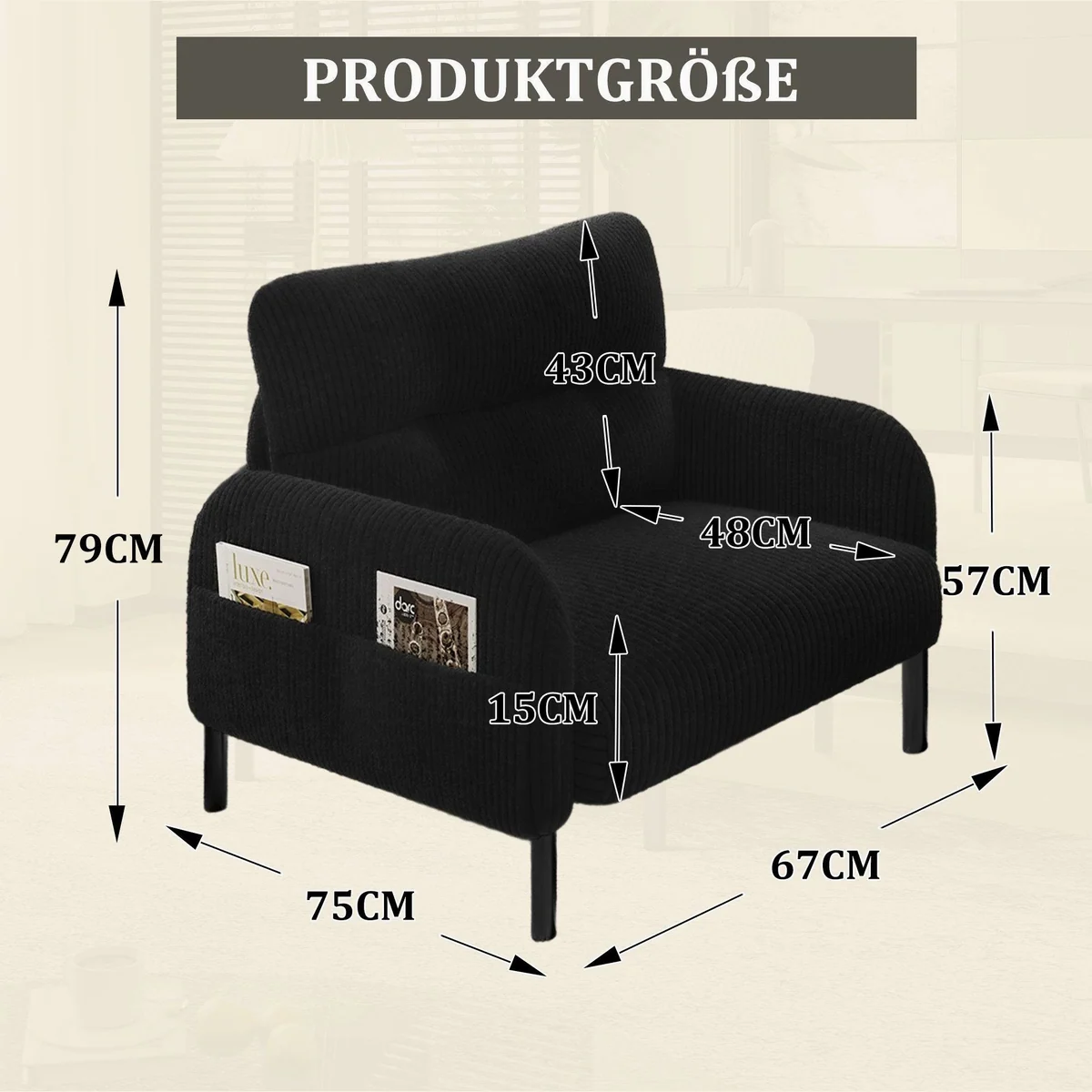 Celya Relaxsessel, angenehmer Cordstoff, praktische Seitentaschen — 67x75x79 cm 2