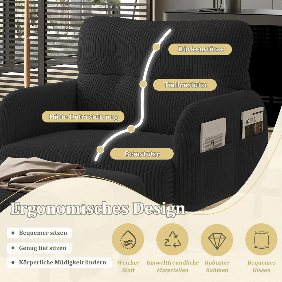 Celya Relaxsessel, angenehmer Cordstoff, praktische Seitentaschen — 67x75x79 cm 3