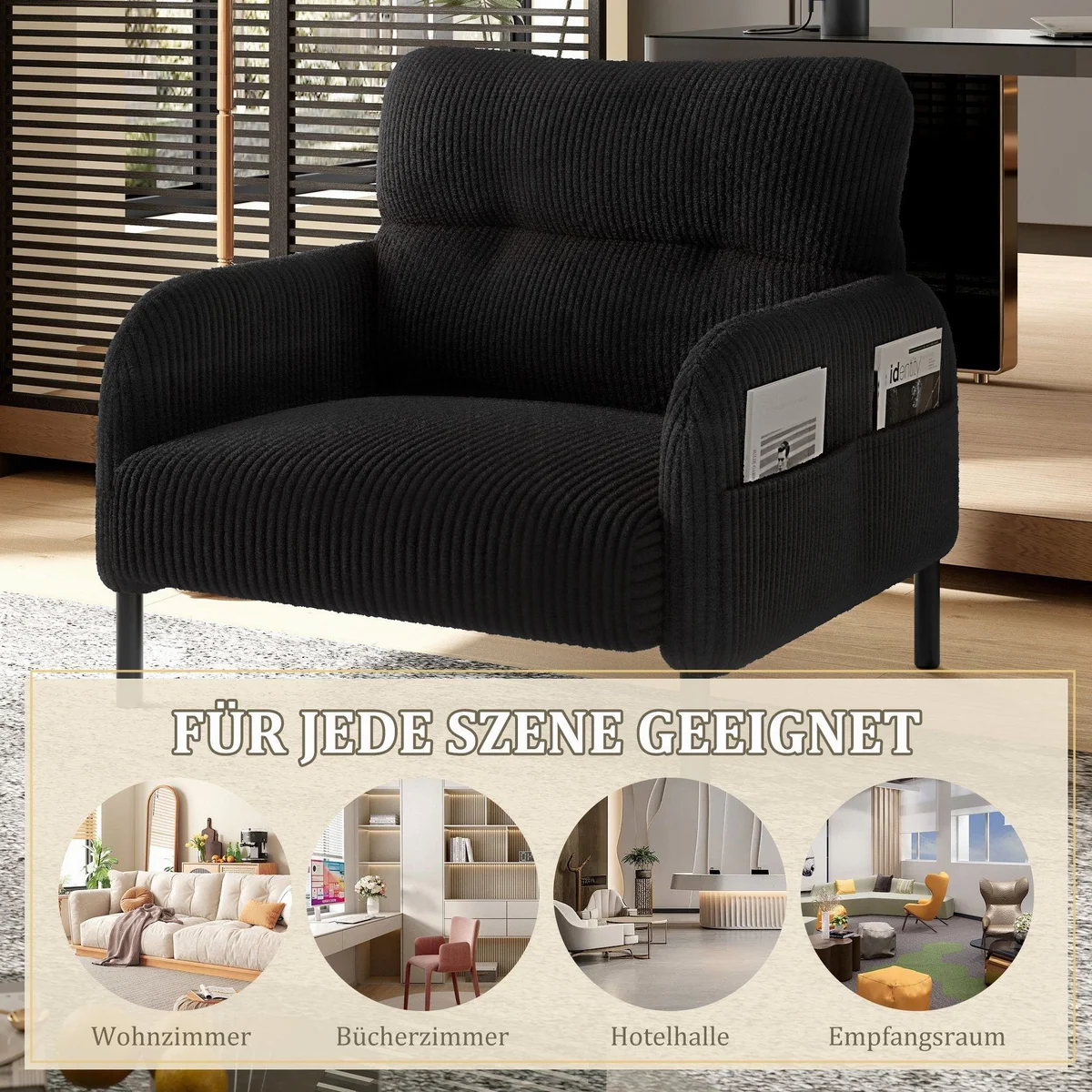 Celya Relaxsessel, angenehmer Cordstoff, praktische Seitentaschen — 67x75x79 cm 5