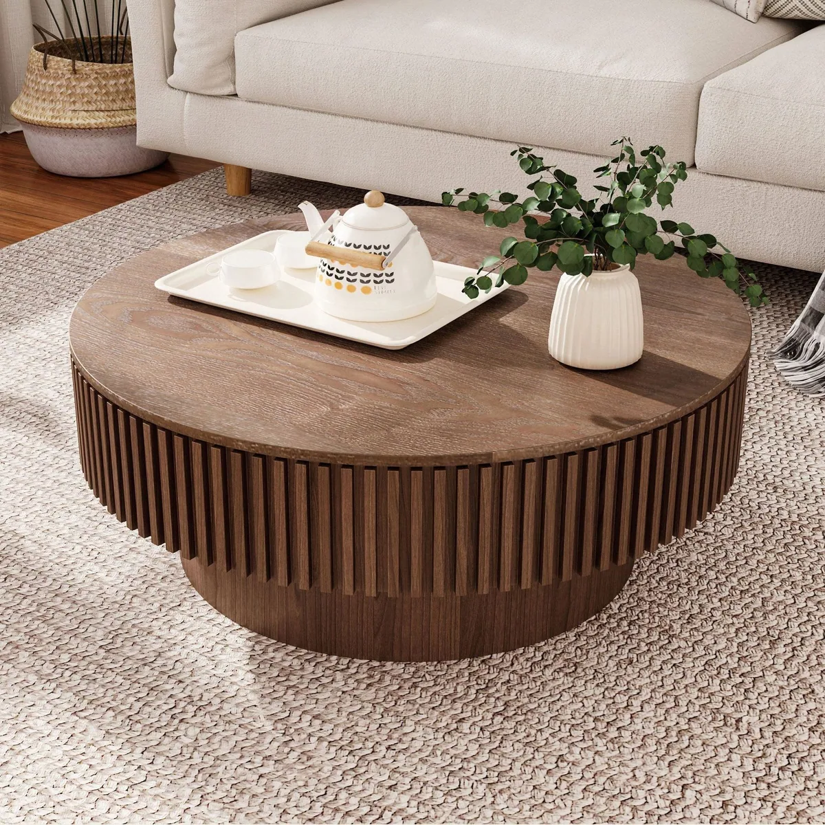 Celya Couchtisch rund 75 cm, modernes Pilzdesign, versteckter Stauraum
