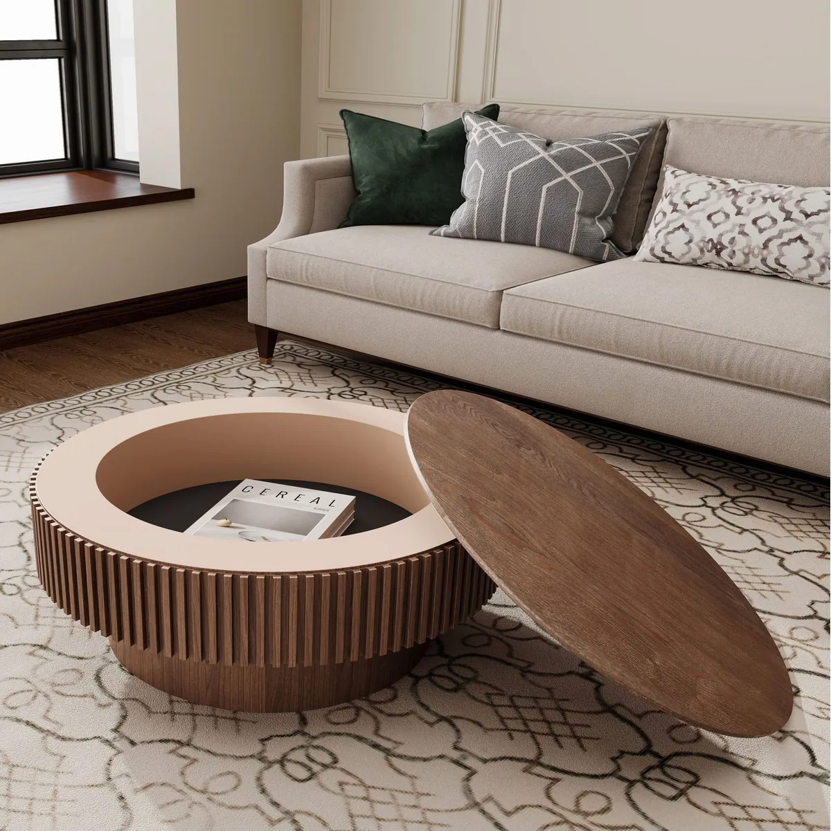 Celya Couchtisch rund 75 cm, modernes Pilzdesign, versteckter Stauraum 3