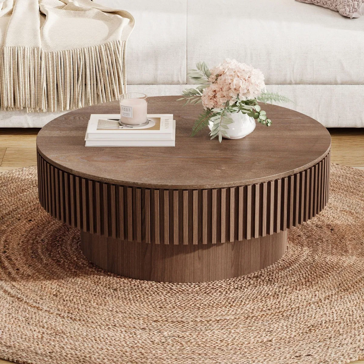 Celya Couchtisch rund 75 cm, modernes Pilzdesign, versteckter Stauraum 4