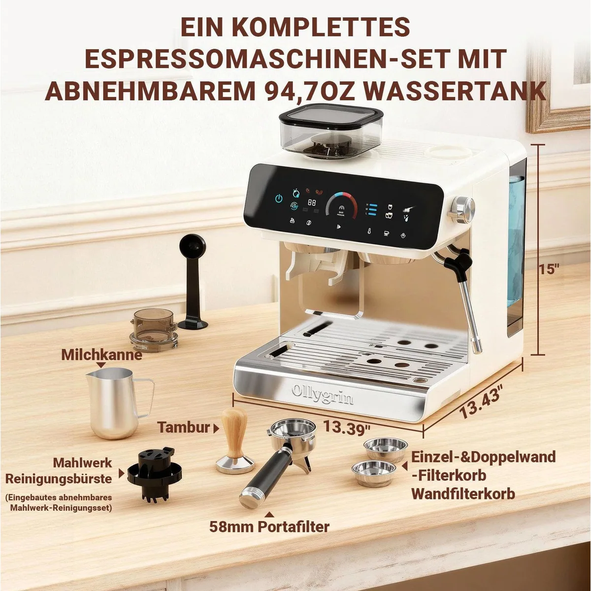 CHEFFANO Espressomaschine 20 Bar, integriertes Mahlwerk, 19 Mahlgradstufen 2