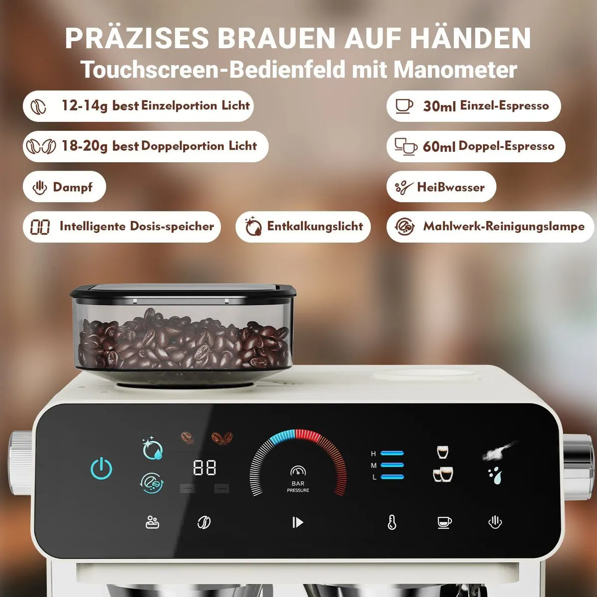 CHEFFANO Espressomaschine 20 Bar, integriertes Mahlwerk, 19 Mahlgradstufen 5