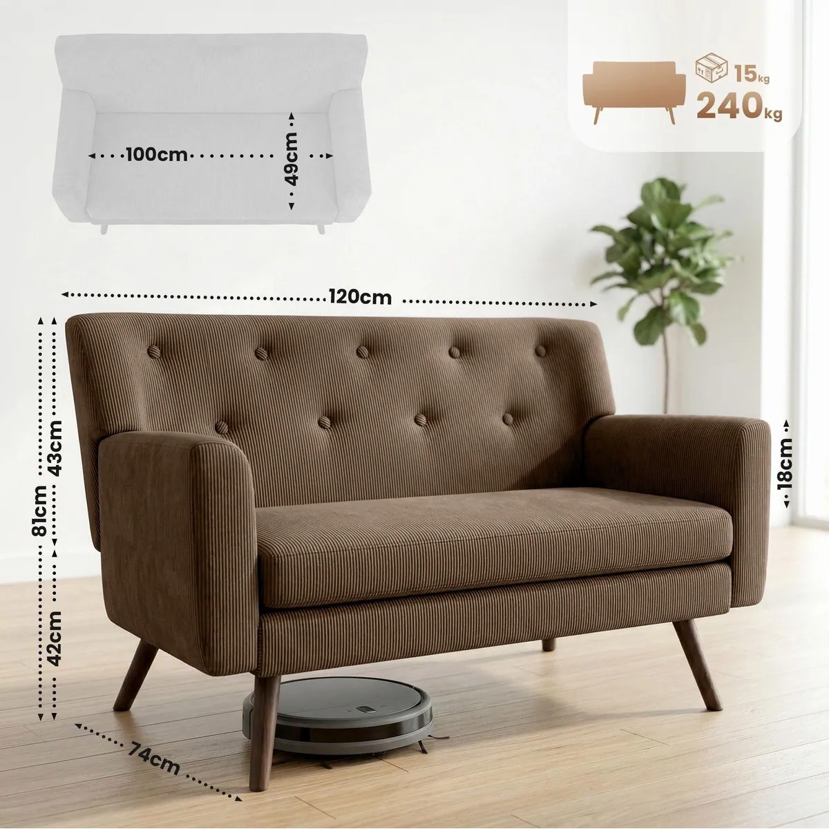 CLP Sofa Kioni, eleganter Cordbezug, stabile Kautschukholzbeine, bis 240 kg belastbar 2