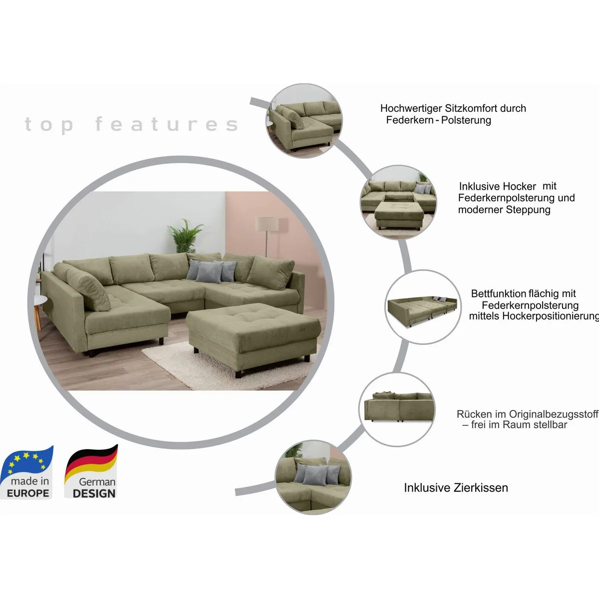 COLLECTION AB Wohnlandschaft Toni U-Form, großzügige Liegefläche, elegantes Design 3