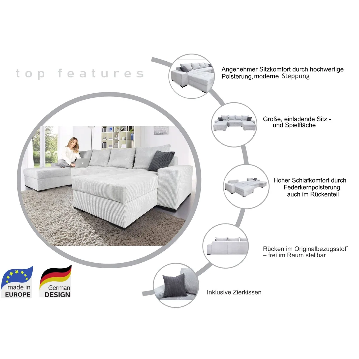 COLLECTION AB Wohnlandschaft Josy XL U-Form, Federkern, Schlaffunktion, Bettkasten 3