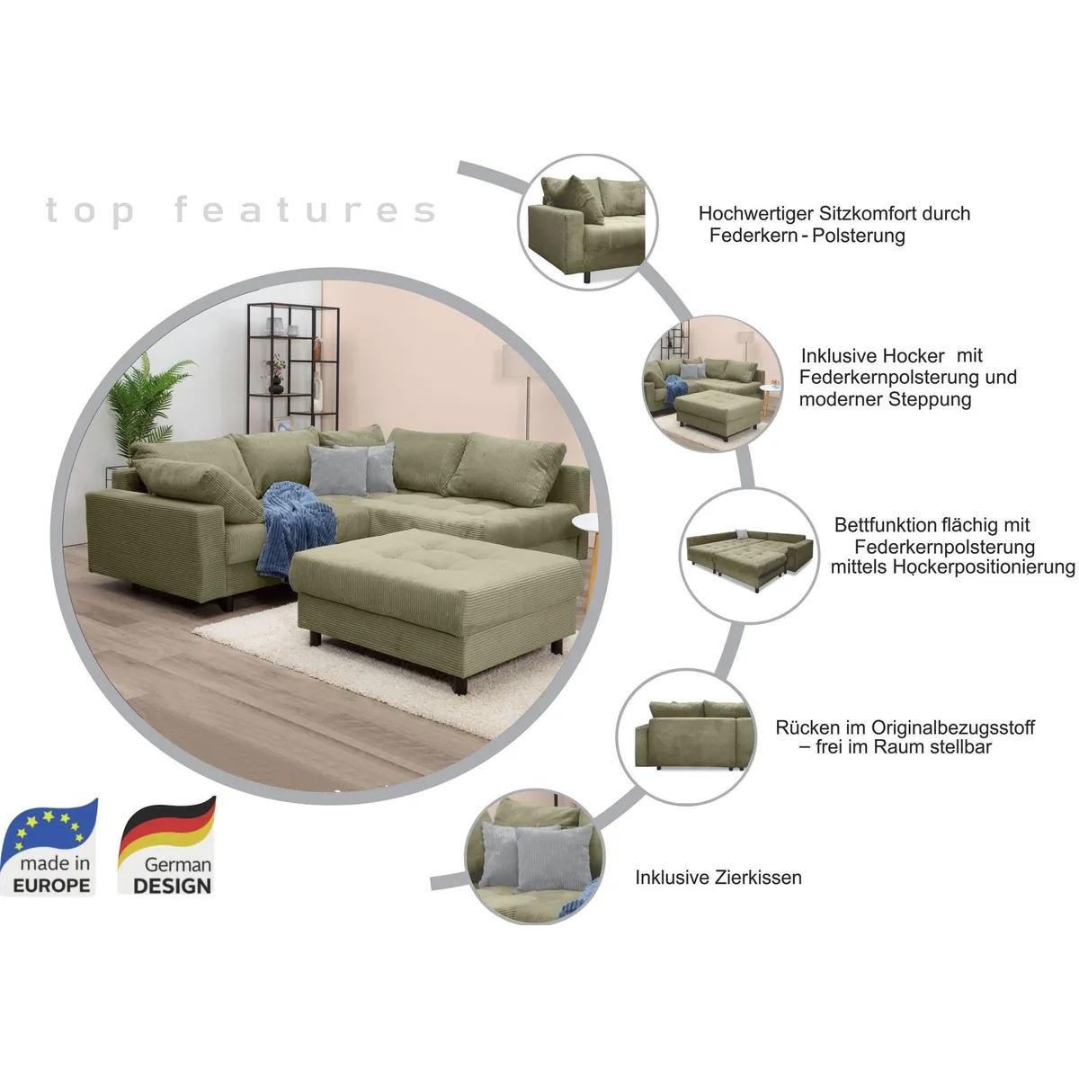 COLLECTION AB Ecksofa Toni L-Form, Federkern, XXL-Liegefläche 178x190 cm — Komfort & Stil vereint 3