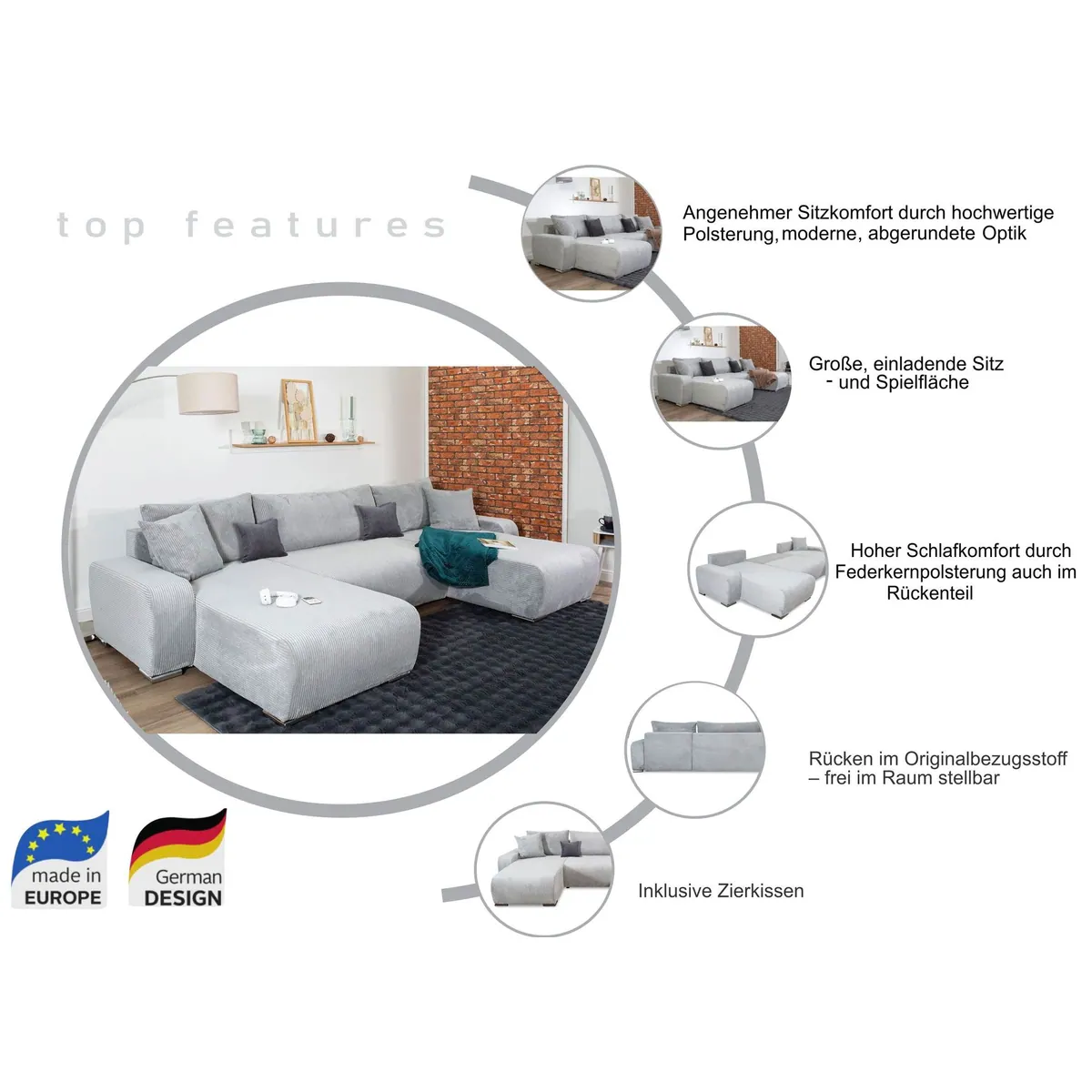 COLLECTION AB Wohnlandschaft Paola U-Form, multifunktional mit Schlaffunktion und Bettkasten 3