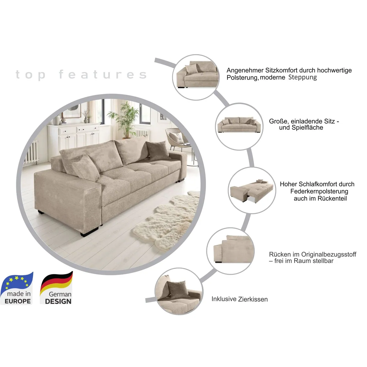 COLLECTION AB Schlafsofa Kreta, 248 cm, Federkern, Schlaffunktion & Bettkasten 3