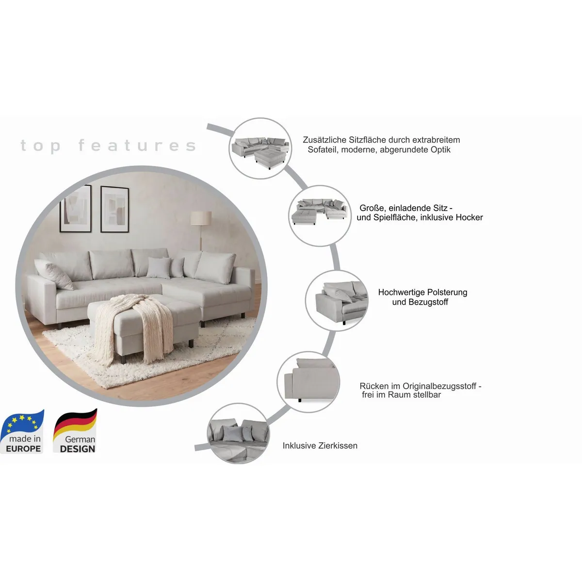 COLLECTION AB Ecksofa Toni XL L-Form, hochwertige Federkernpolsterung, inkl. Hocker & Zierkissen 3