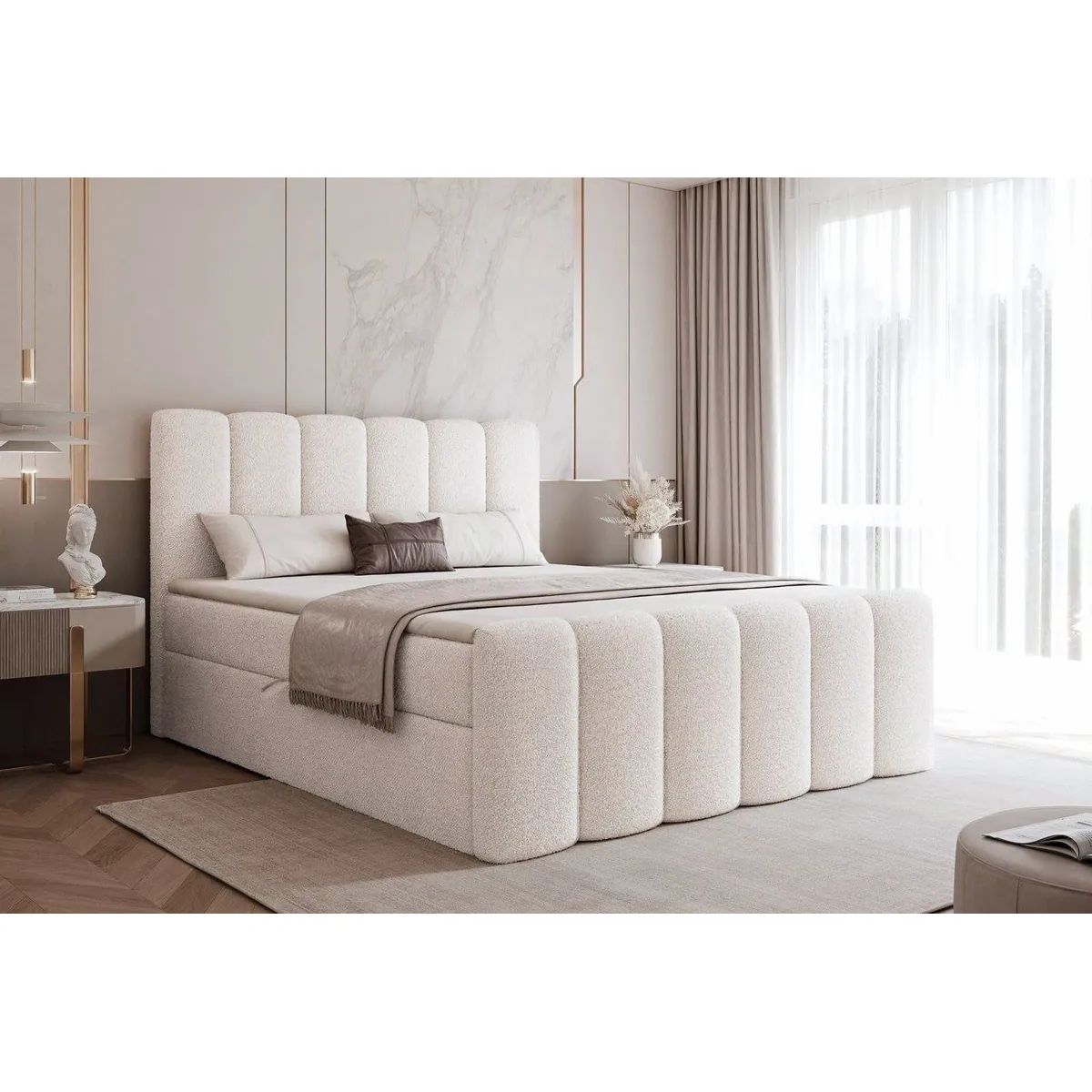 Compleo BUBBLE Boxbett, eleganter Bouclé-Stoff, hoher Komfort, Doppelbett mit Bettkasten
