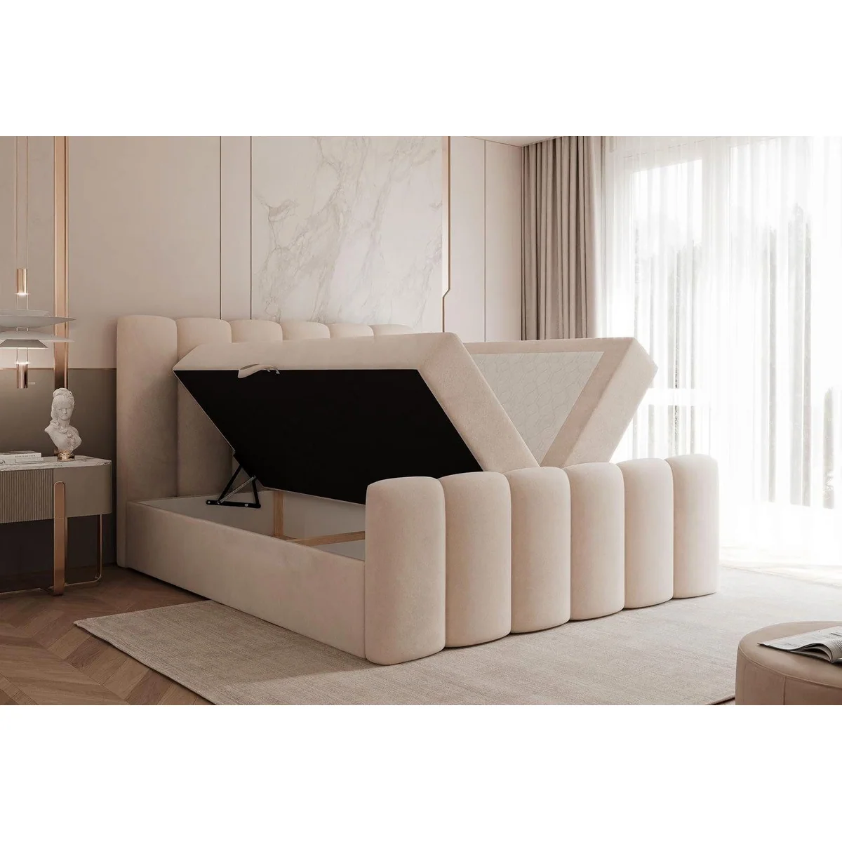 Compleo BUBBLE Boxbett, eleganter Bouclé-Stoff, hoher Komfort, Doppelbett mit Bettkasten 3