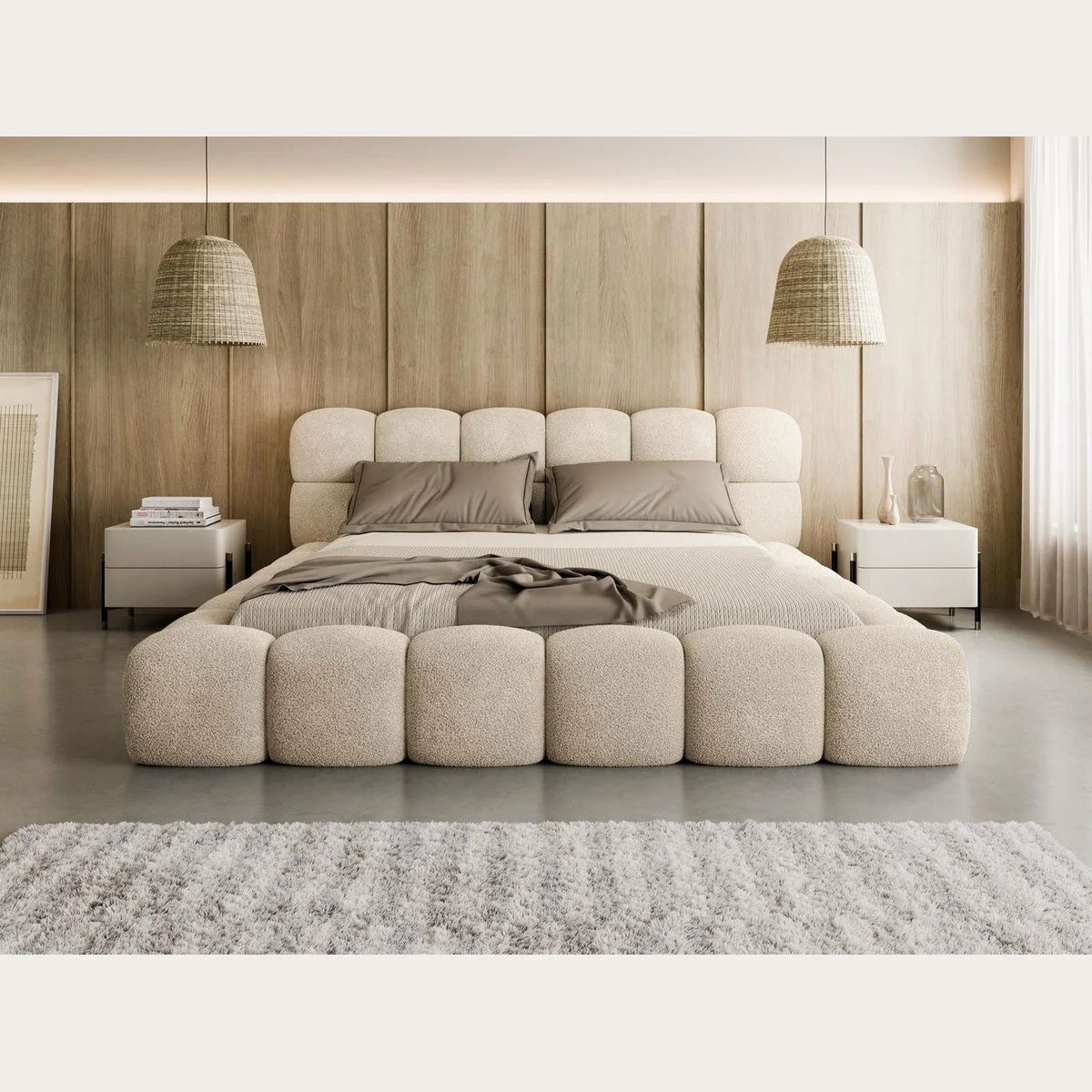 Compleo Polsterbett BIZU BUBBLE, modernes Design, weicher Bouclé-Bezug, praktische Stauraumlösung