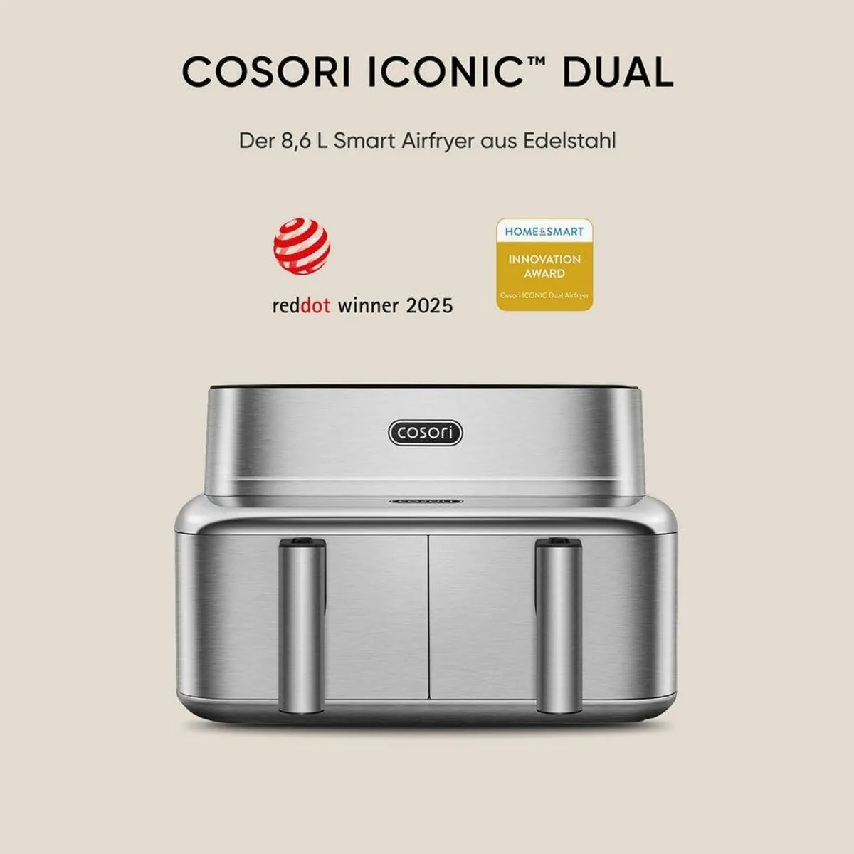 Cosori ICONIC Dual Heißluftfritteuse, 8,6L, 2700 W, Dual Zone, PFAS-frei, Edelstahl 2