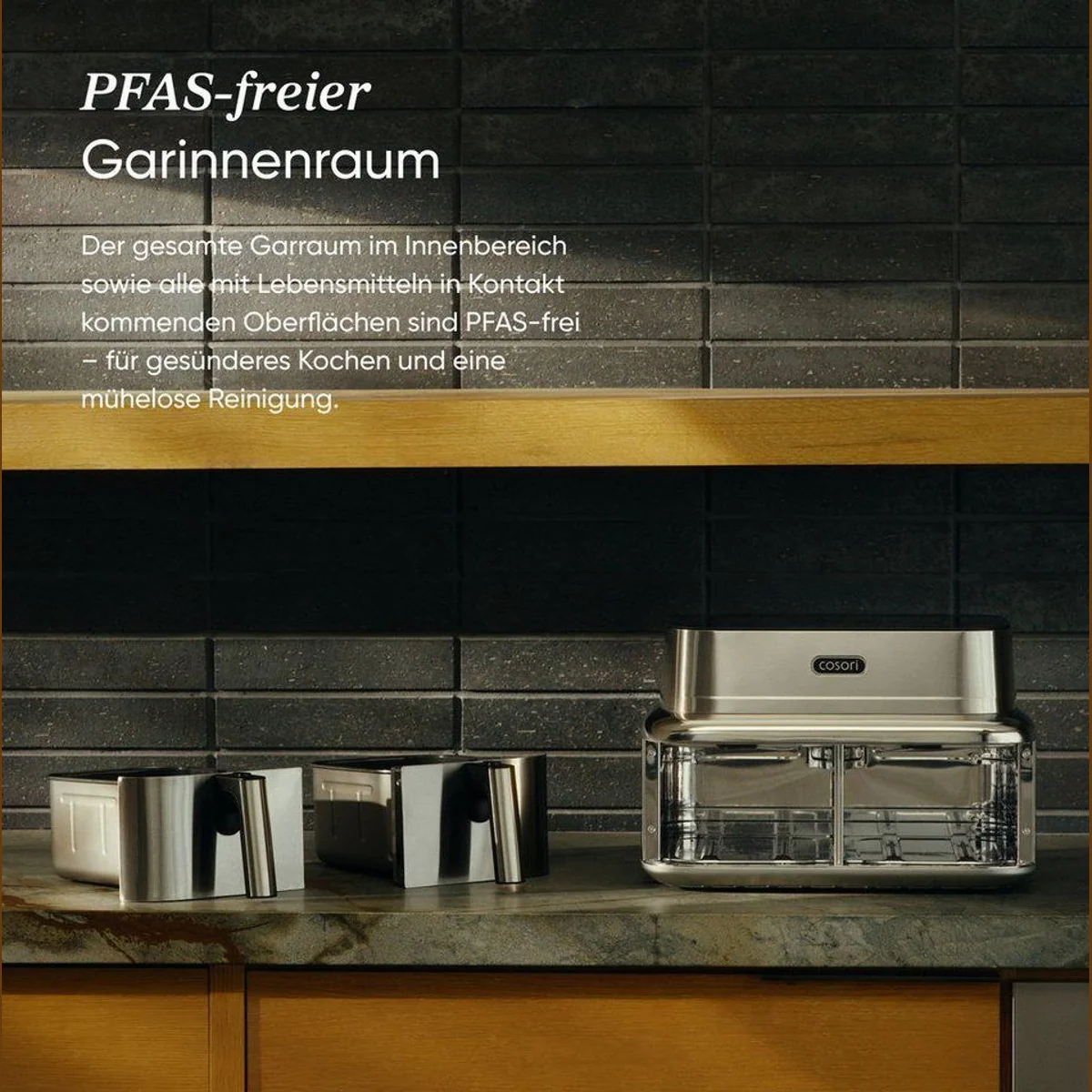 Cosori ICONIC Dual Heißluftfritteuse, 8,6L, 2700 W, Dual Zone, PFAS-frei, Edelstahl 3