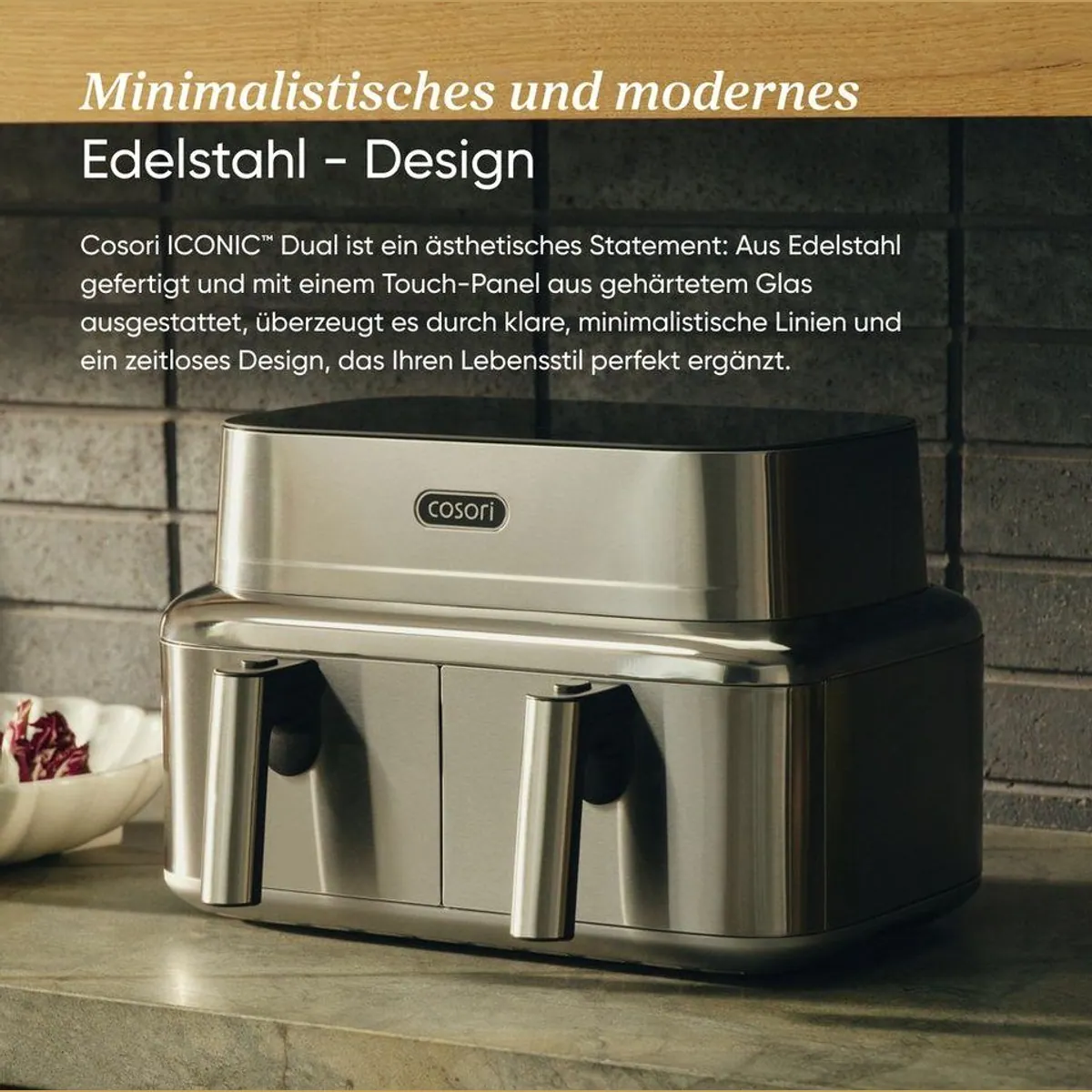 Cosori ICONIC Dual Heißluftfritteuse, 8,6L, 2700 W, Dual Zone, PFAS-frei, Edelstahl 4
