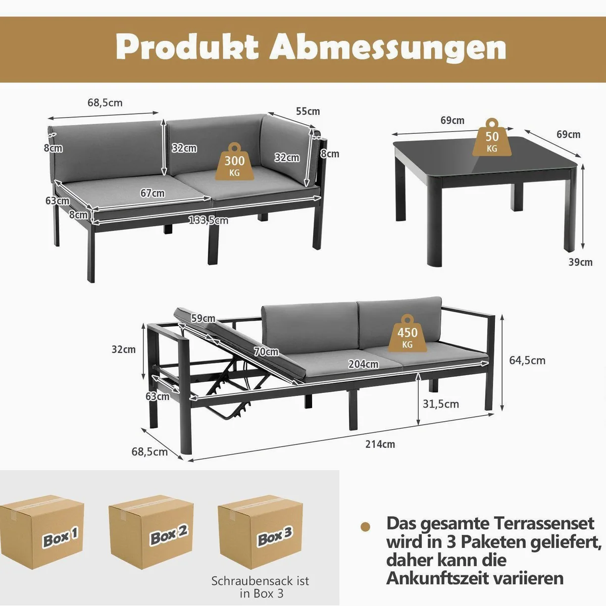 COSTWAY Gartenlounge-Set, Aluminium wetterfest, 6-fach verstellbar, ideal für Terrasse und Garten 3