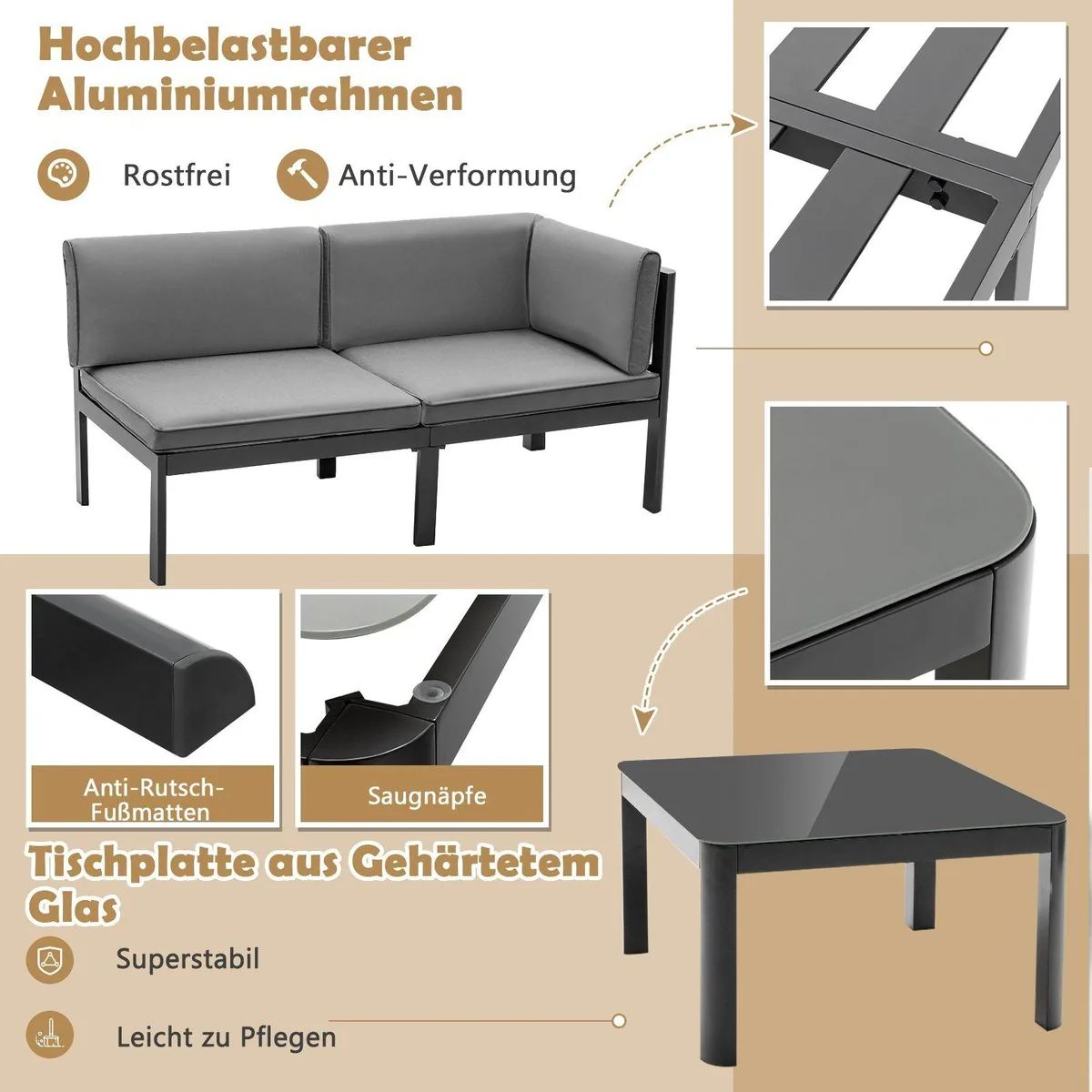 COSTWAY Gartenlounge-Set, Aluminium wetterfest, 6-fach verstellbar, ideal für Terrasse und Garten 4