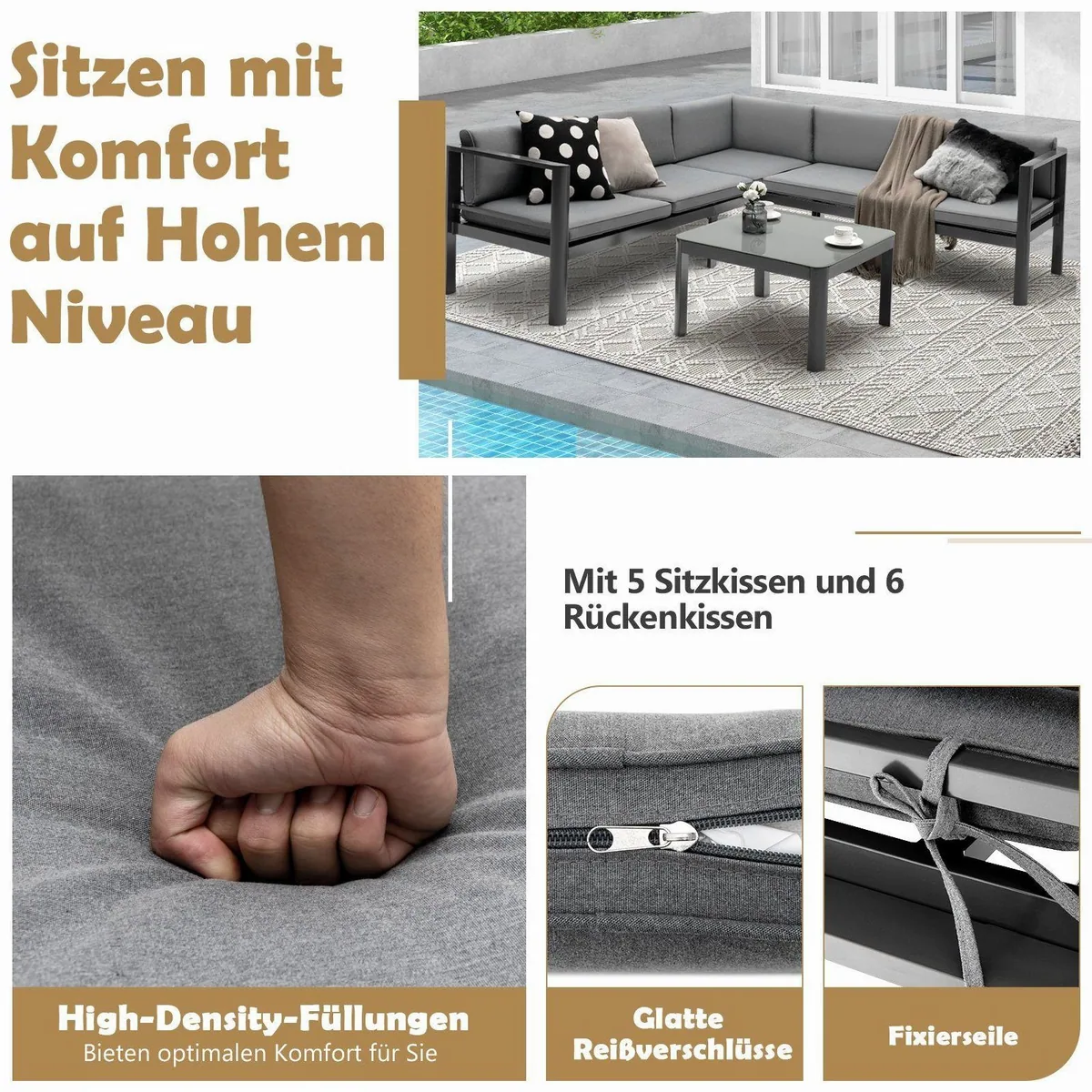 COSTWAY Gartenlounge-Set, Aluminium wetterfest, 6-fach verstellbar, ideal für Terrasse und Garten 5