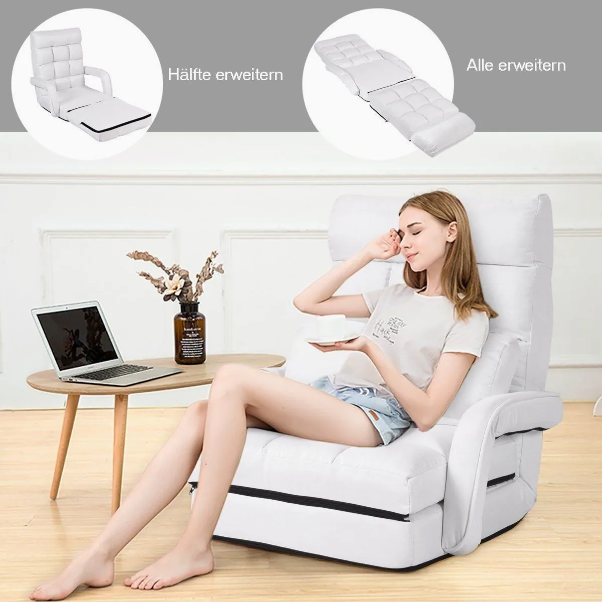 COSTWAY Relaxsessel Liegebett, verstellbar, klappbar, mit Armlehnen & Kissen 3