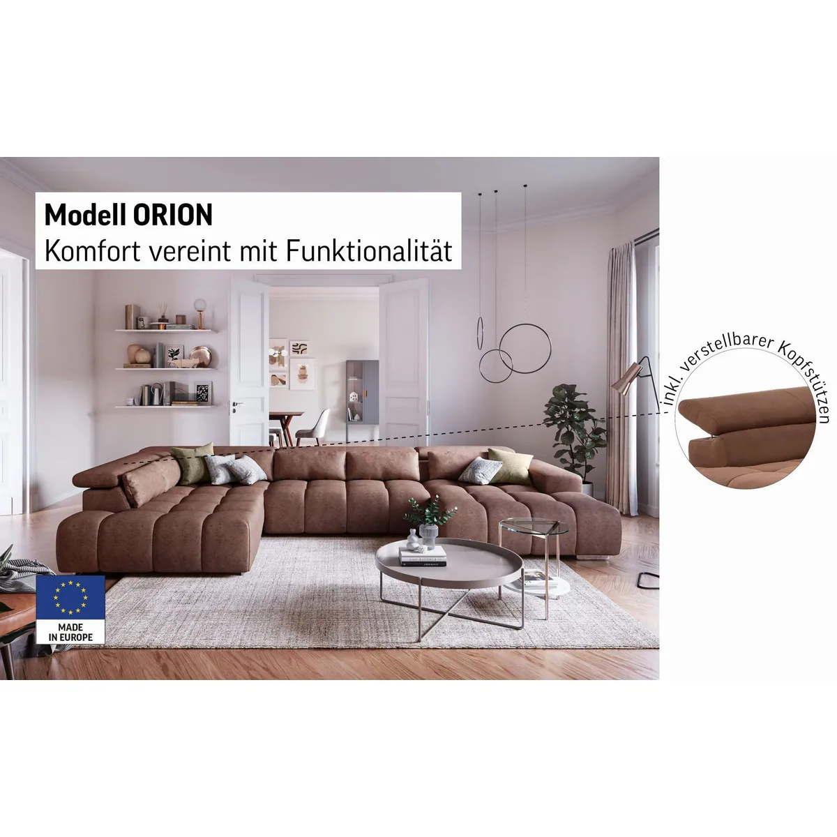 COTTA Wohnlandschaft Orion U-Form XXL, 409 cm, bequeme Wellenunterfederung, Kopfteilverstellung 3