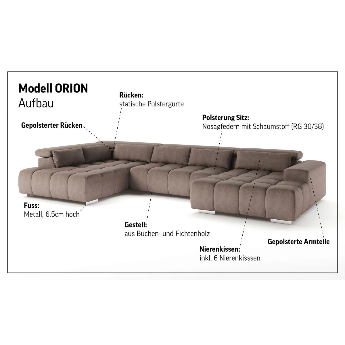 COTTA Wohnlandschaft Orion U-Form XXL, 409 cm, bequeme Wellenunterfederung, Kopfteilverstellung 4