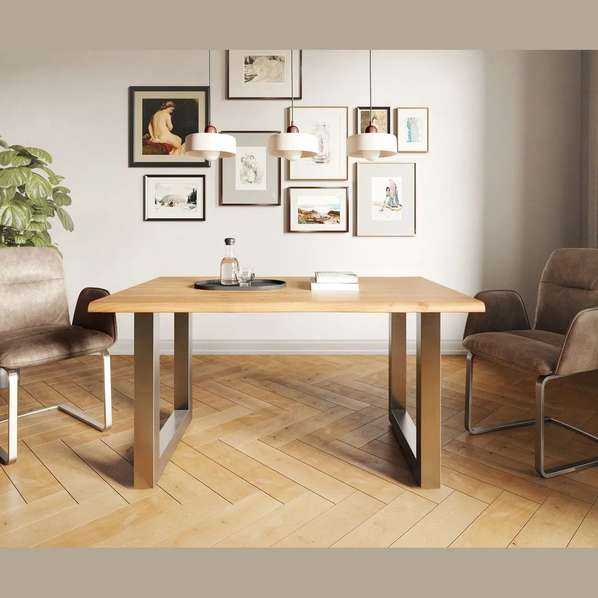 DELIFE Esstisch Edge, Akazie Natur 140x90, Edelstahl Kufengestell 3