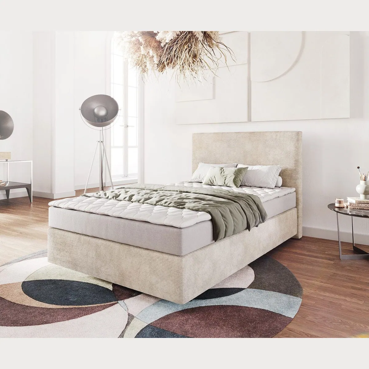 DELIFE Boxspringbett Dream-Well, komfortable Matratze und Topper — stilvolles Design in Beige