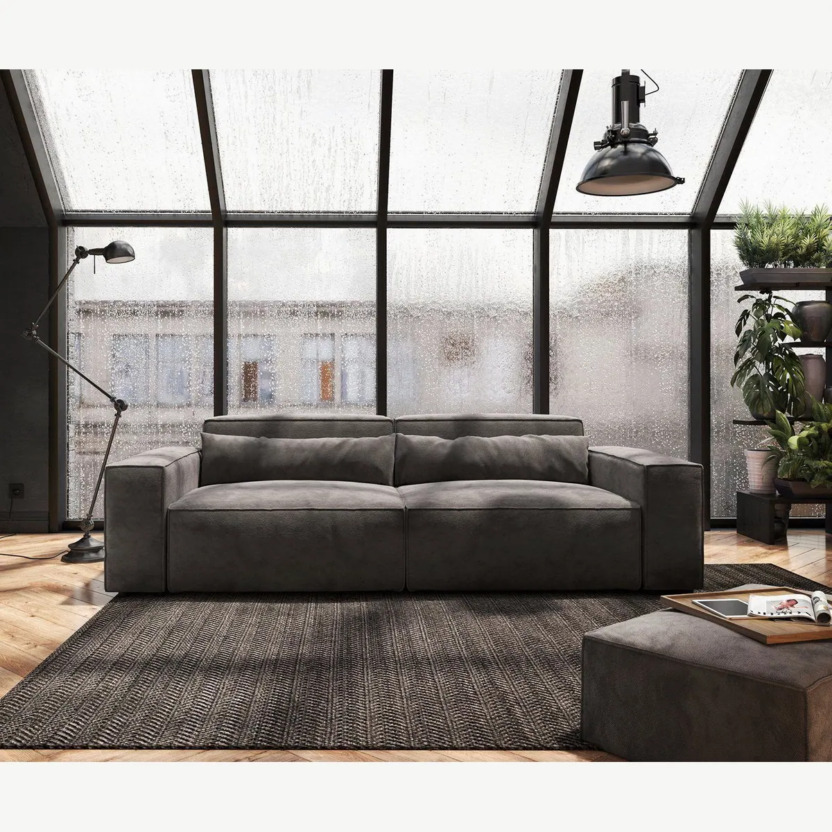 DELIFE Big-Sofa Sirpio, Mikrofaser Khakibraun, tiefes Design & Hocker inklusive 2