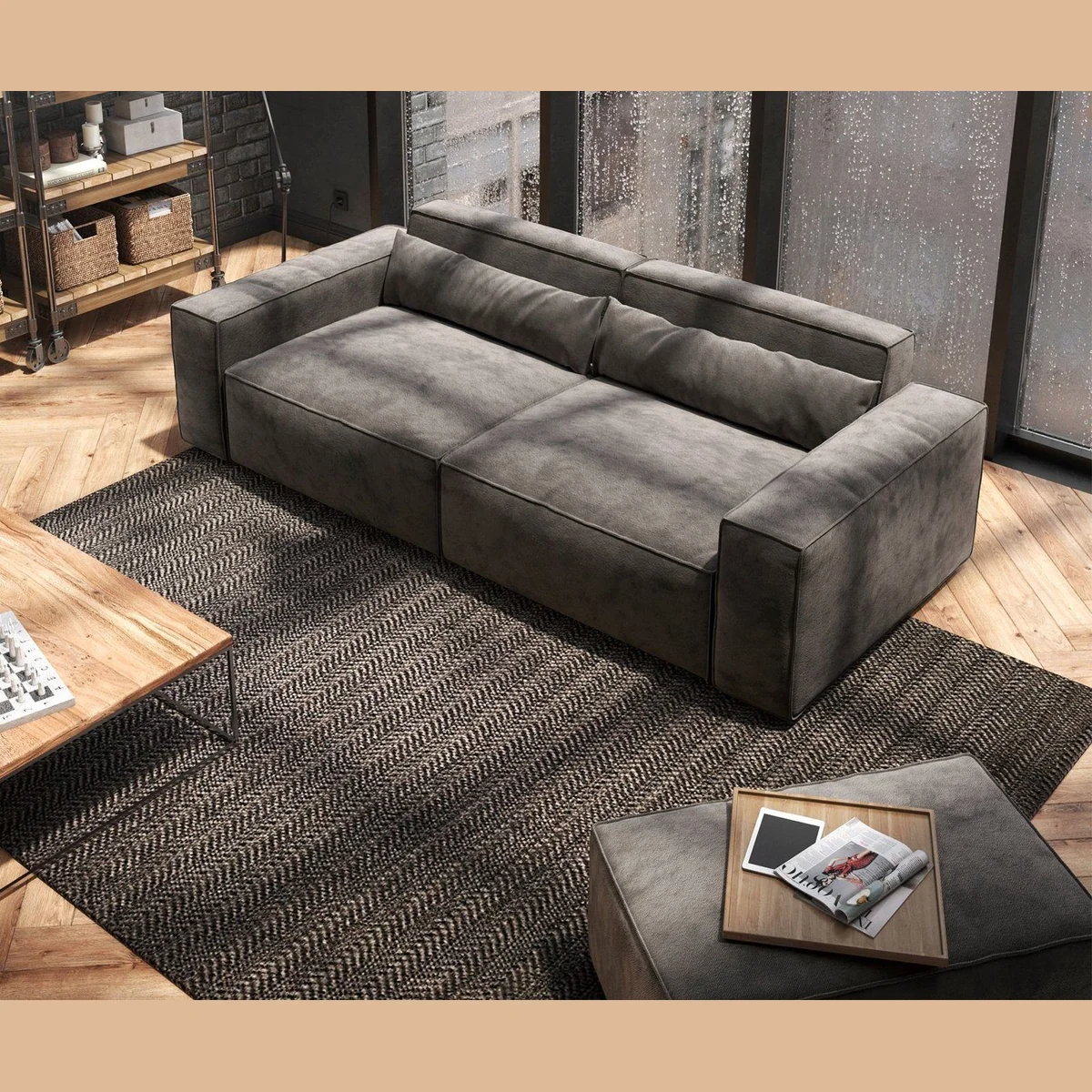 DELIFE Big-Sofa Sirpio, Mikrofaser Khakibraun, tiefes Design & Hocker inklusive 4