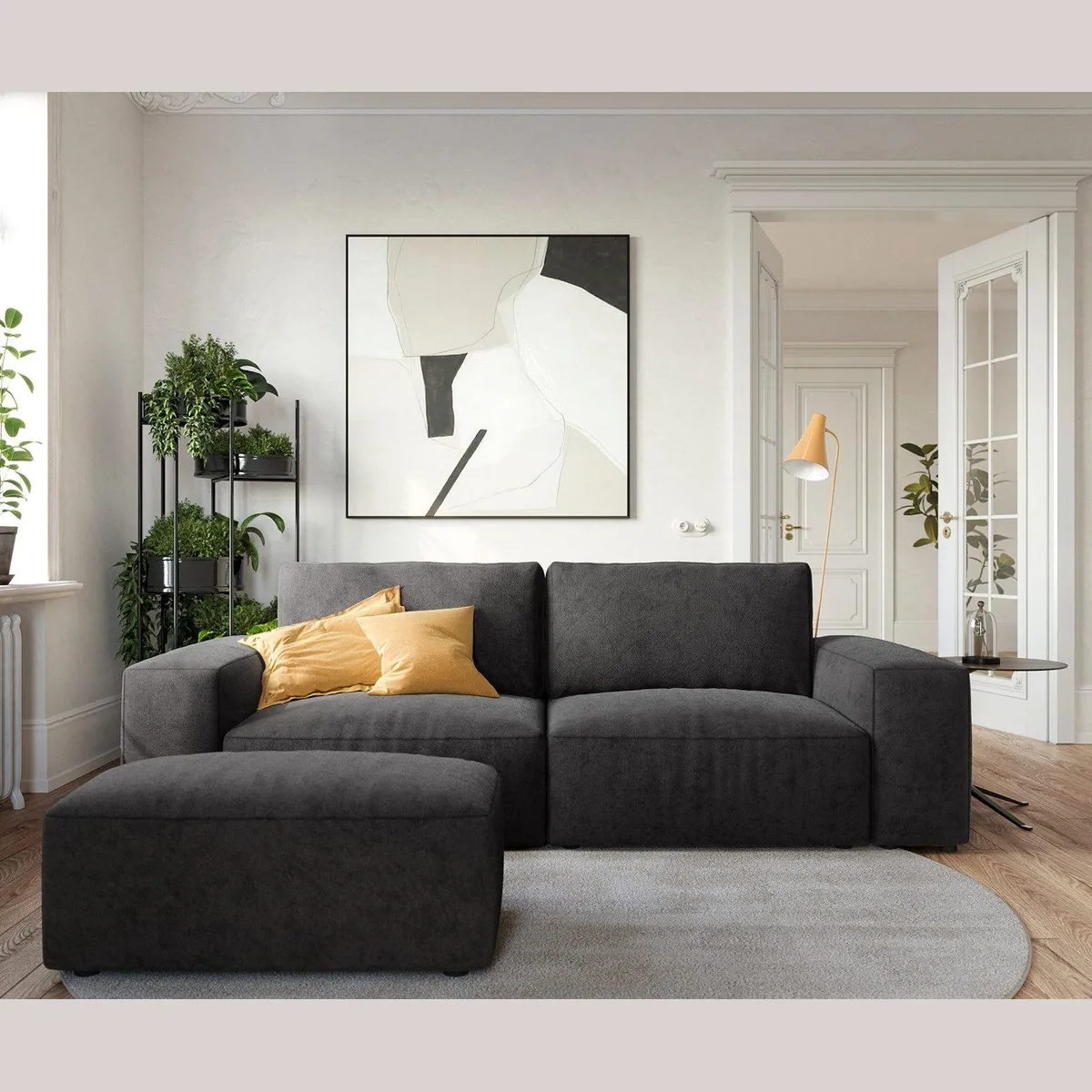 DELIFE Big-Sofa Lanzo, Mikrofaser Schwarz, großzügige Maße, inklusive Hocker 2