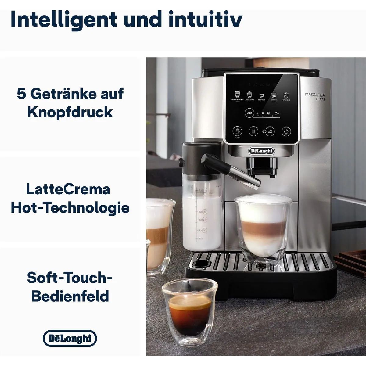 De'Longhi Kaffeevollautomat Start Milk ECAM220.80.SB, Milchkaraffe inklusive, Benutzerfreundliches Bedienfeld 5