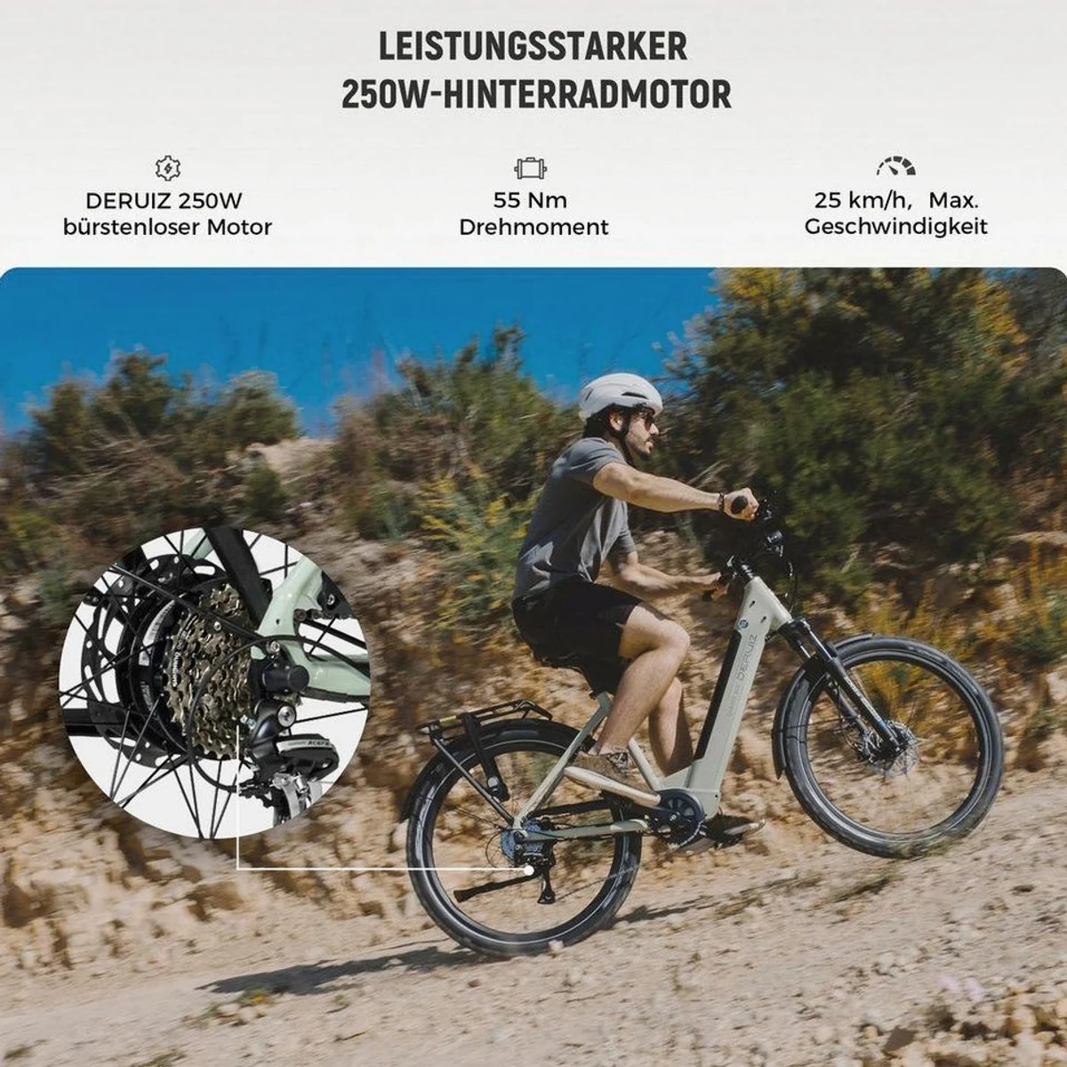 DERUIZ Quartz SUV E-Bike, 160 km Reichweite, 250 W Motor, 8-Gang Shimano — komfortabel & vielseitig 3