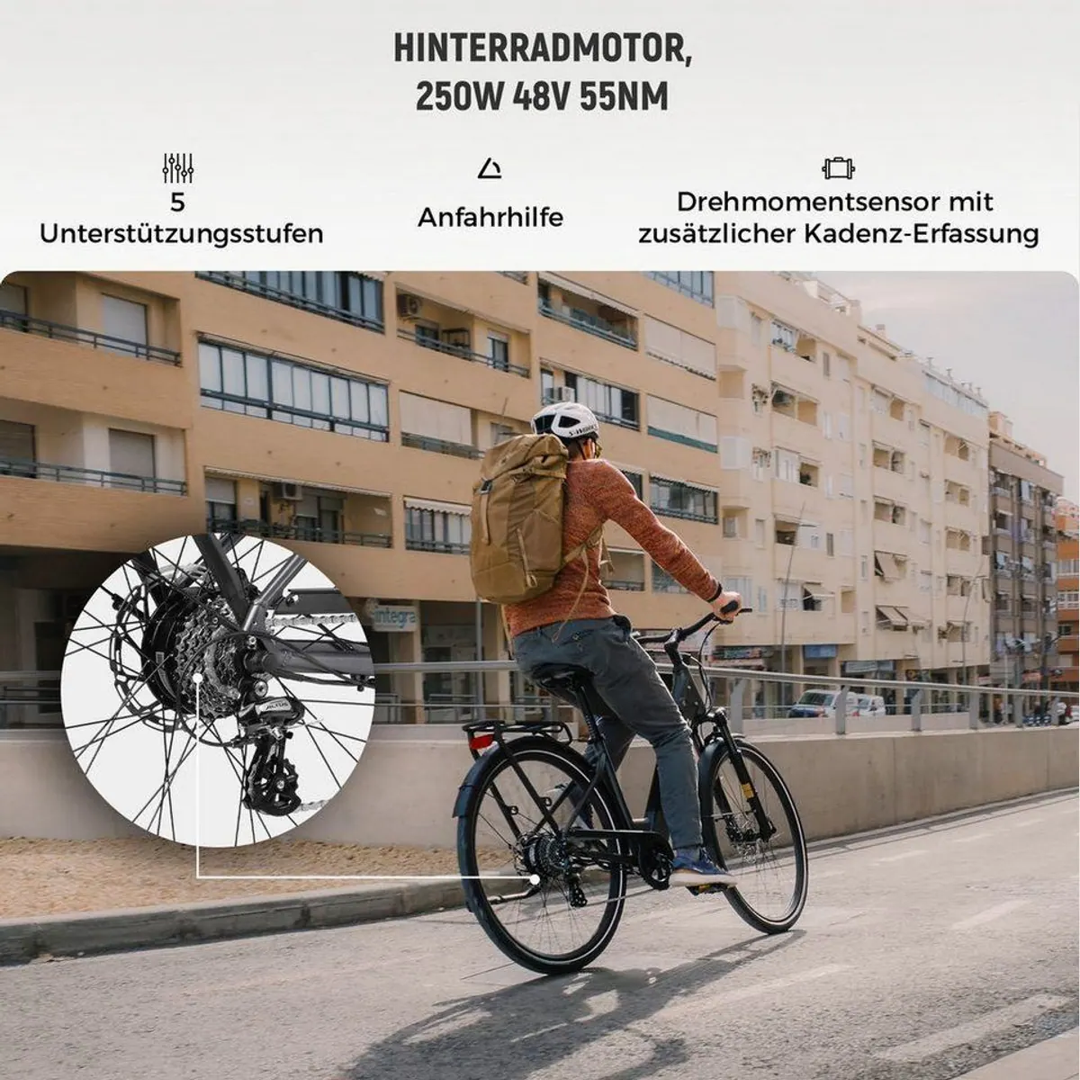 DERUIZ E-Bike Cityrad 28 Zoll, hohe Reichweite, Drehmomentsensor, 8-Gang Shimano 4