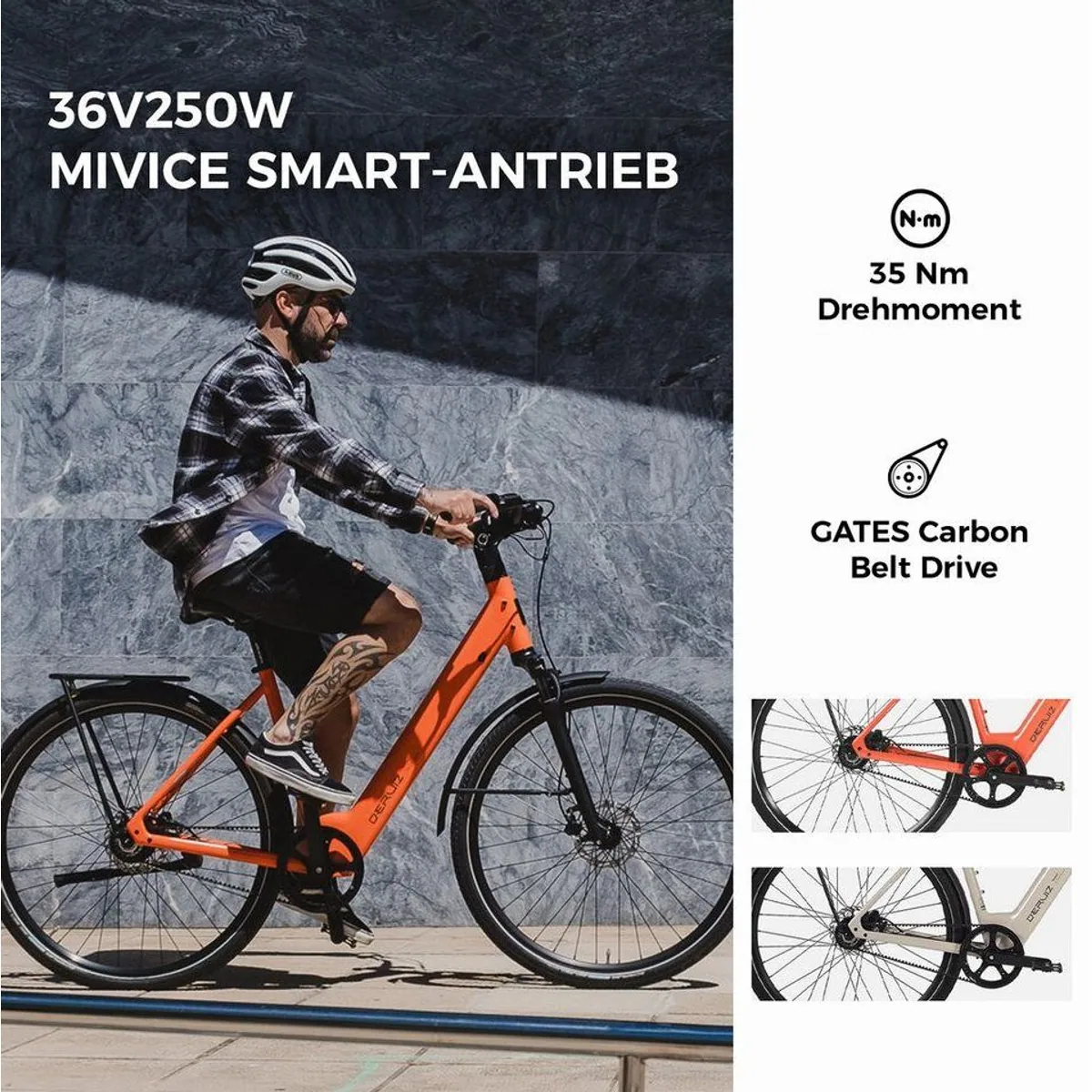 DERUIZ E-Bike Cityrad 28 Zoll, 35 Nm Heckmotor, 360 Wh Akku, Riemenantrieb — leicht, komfortabel, vielseitig 3