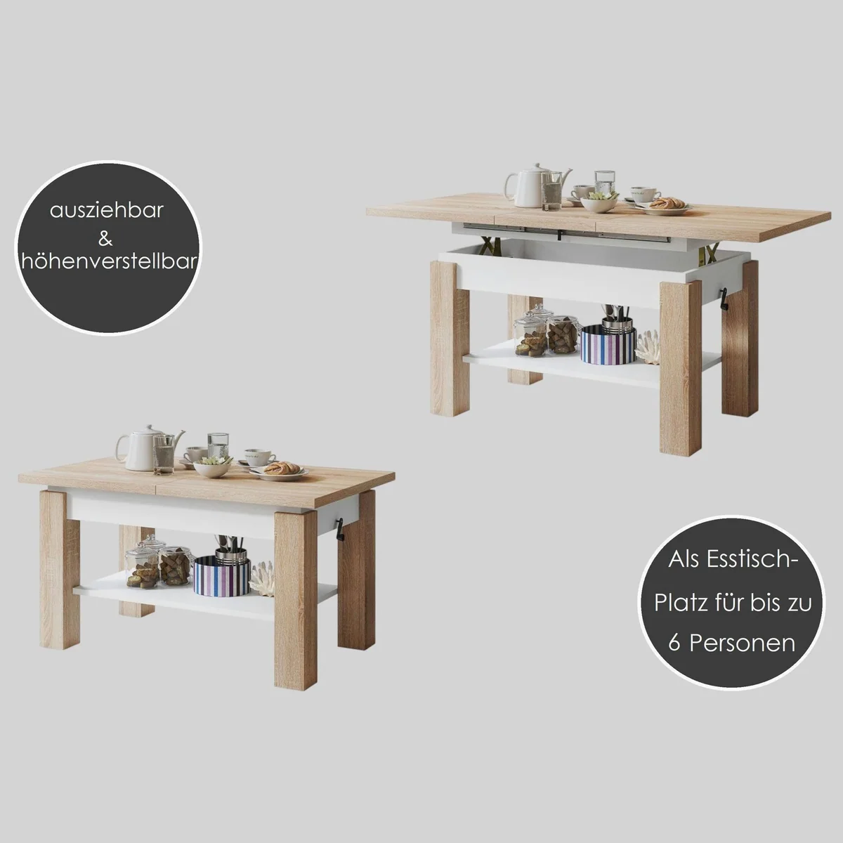 designimpex Couchtisch Astoria, höhenverstellbar & ausziehbar – modern & funktional 3