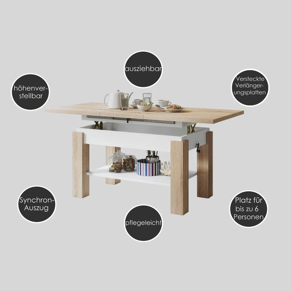 designimpex Couchtisch Astoria, höhenverstellbar & ausziehbar – modern & funktional 4