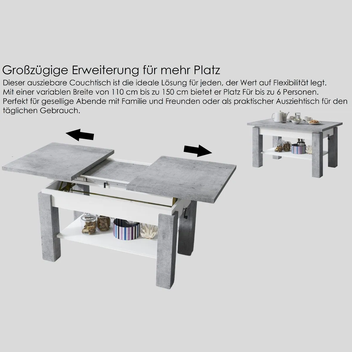 designimpex Couchtisch Astoria, höhenverstellbar & ausziehbar – modern & funktional 5