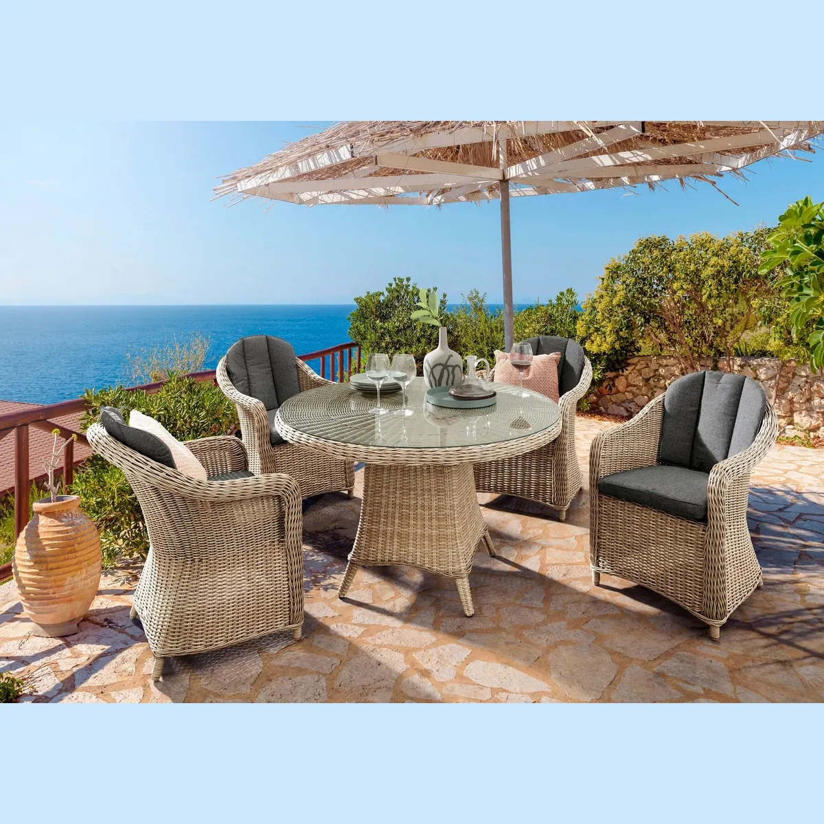 Destiny Garten-Essgruppe MALAGA LUNA, 13-tlg. Set mit 4 Polstersesseln und Glasplattentisch