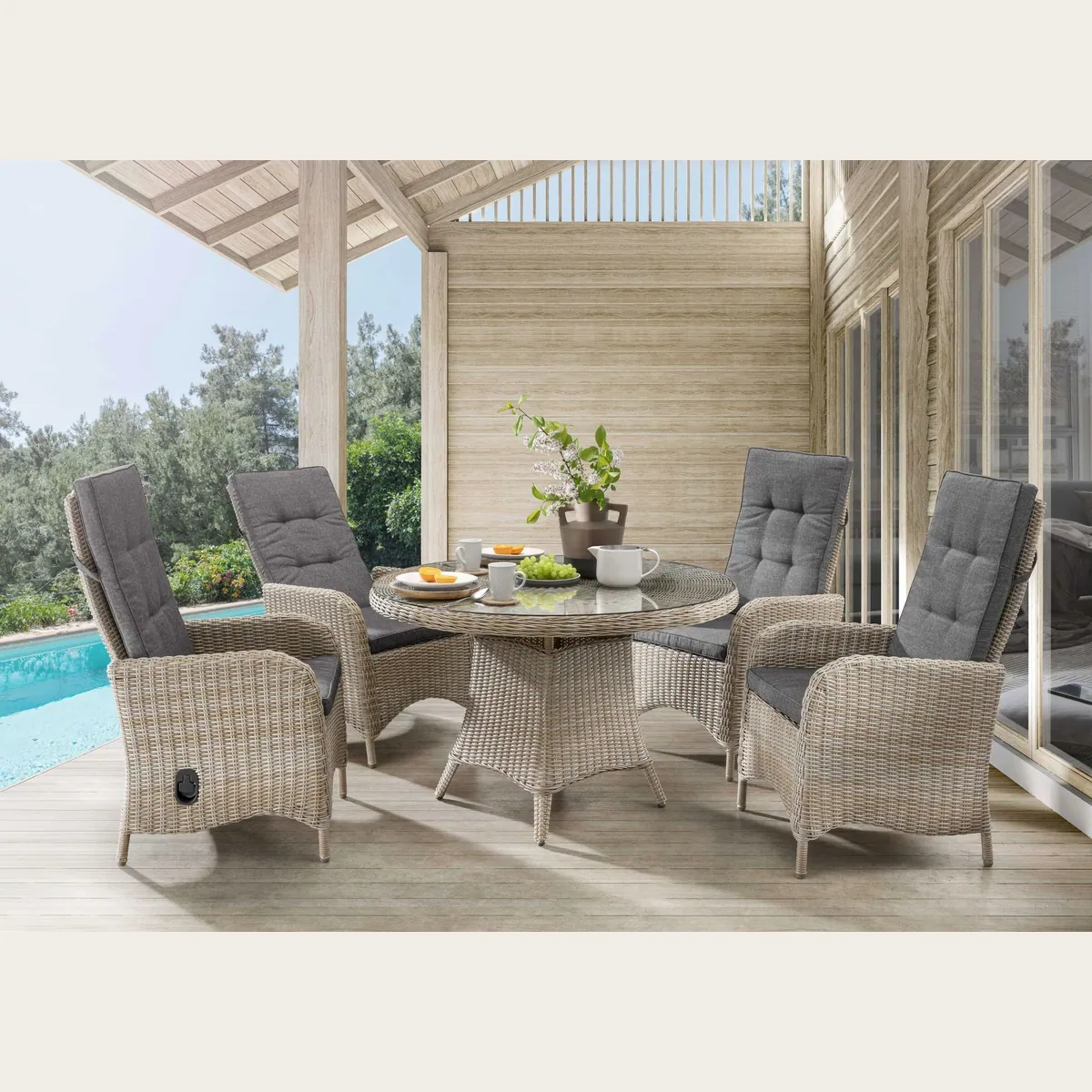 Destiny Garten-Essgruppe PALMA LUNA, stufenlos verstellbare Stühle & Glasplatte — 5-teilig, modern & bequem