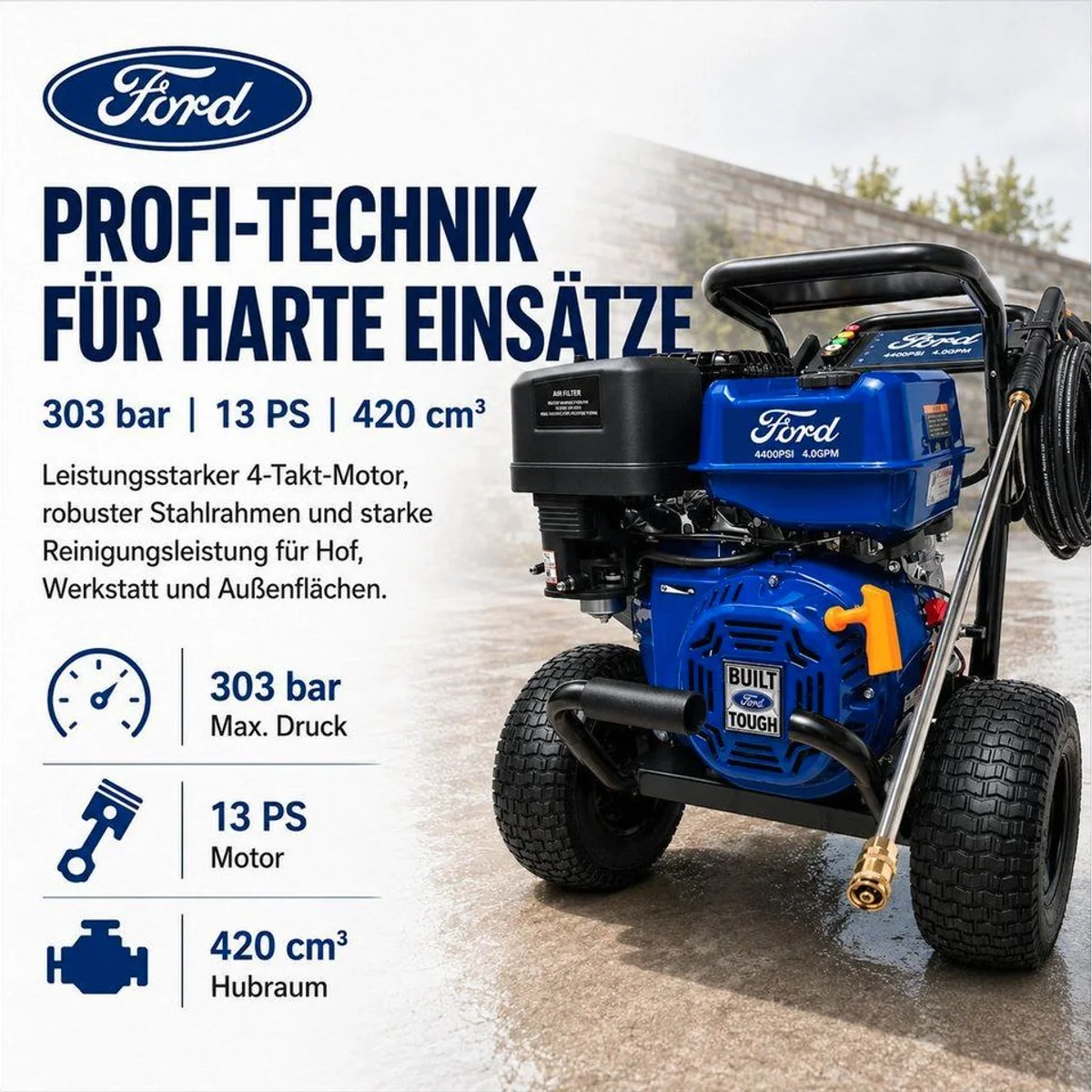 DeTec Hochdruckreiniger Ford Benzin 13PS, 303 bar, 21" Flächenreiniger 52 cm 3