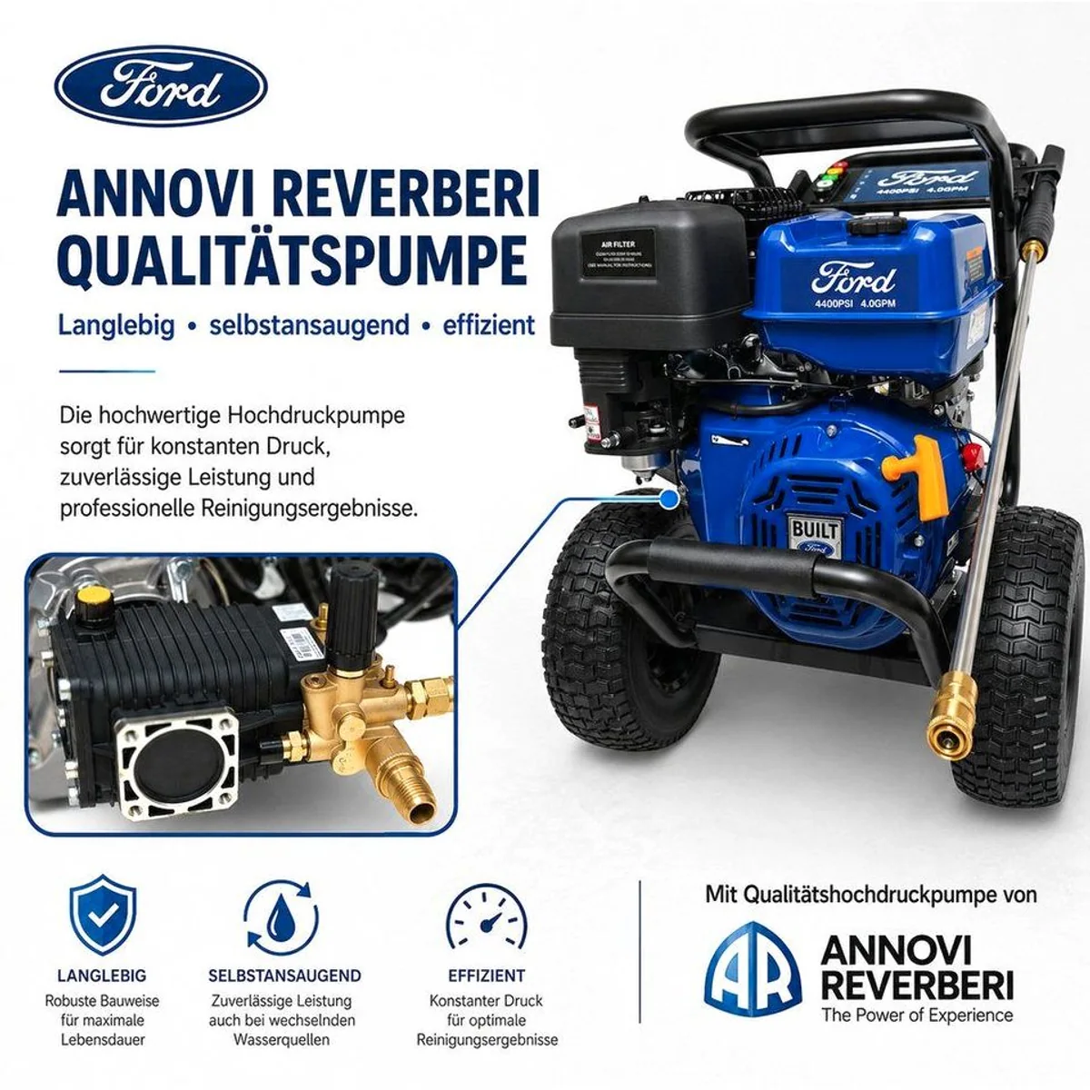 DeTec Hochdruckreiniger Ford Benzin 13PS, 303 bar, 21" Flächenreiniger 52 cm 4