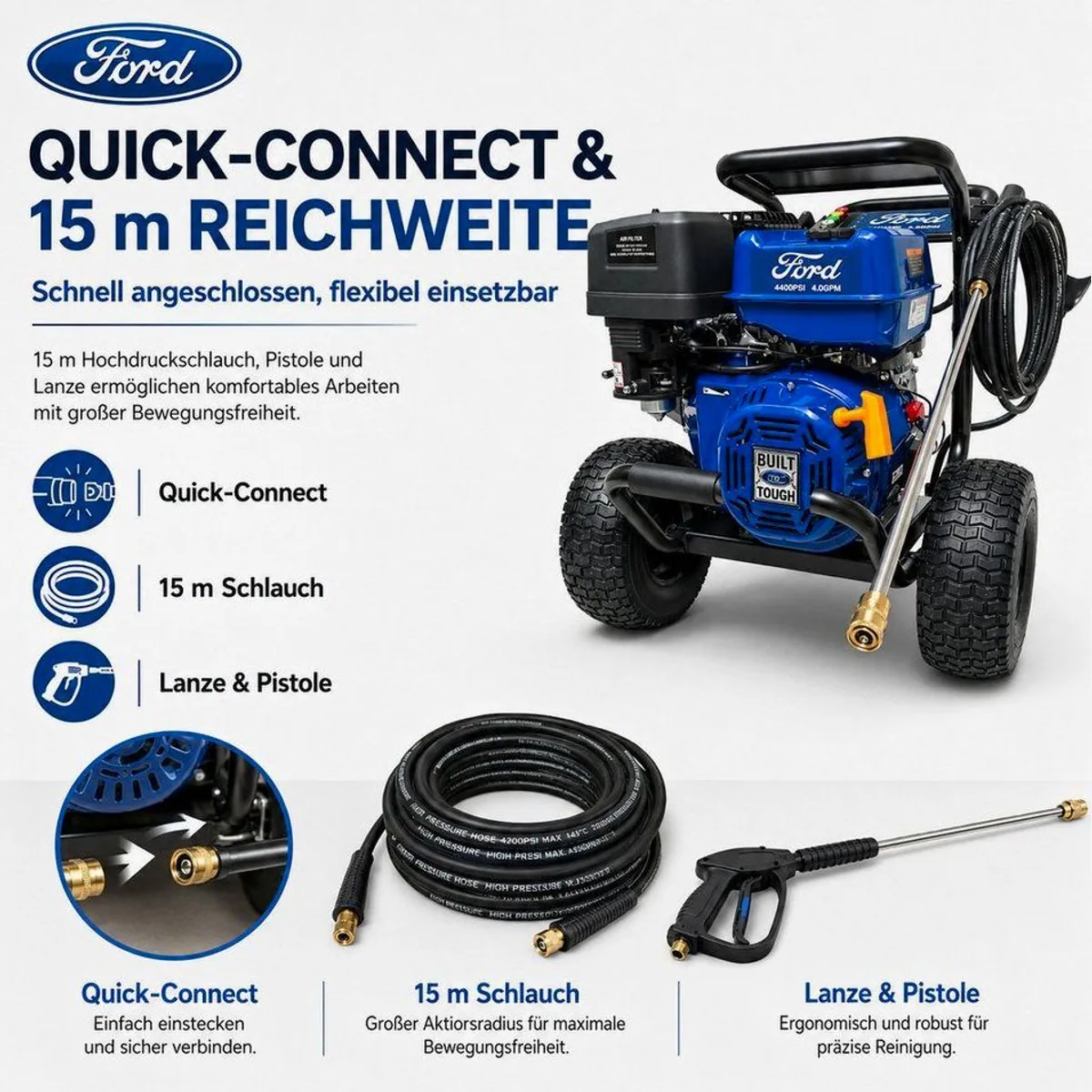 DeTec Hochdruckreiniger Ford Benzin 13PS, 303 bar, 21" Flächenreiniger 52 cm 5