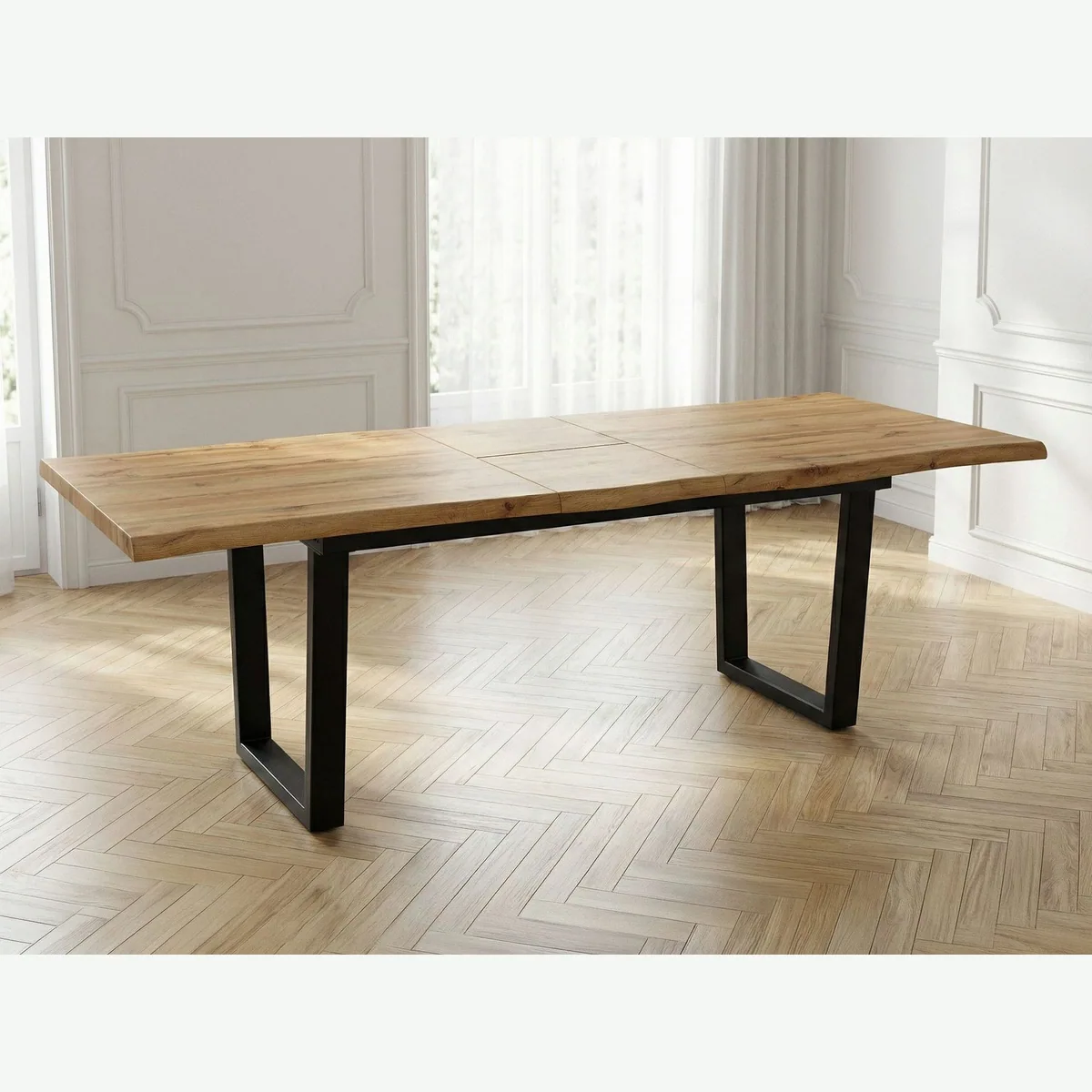 Die Möbelfundgrube Baumkantentisch IRINA, ausziehbar, Wildeiche Optik, U-Gestell schwarz — 180-220 cm 3