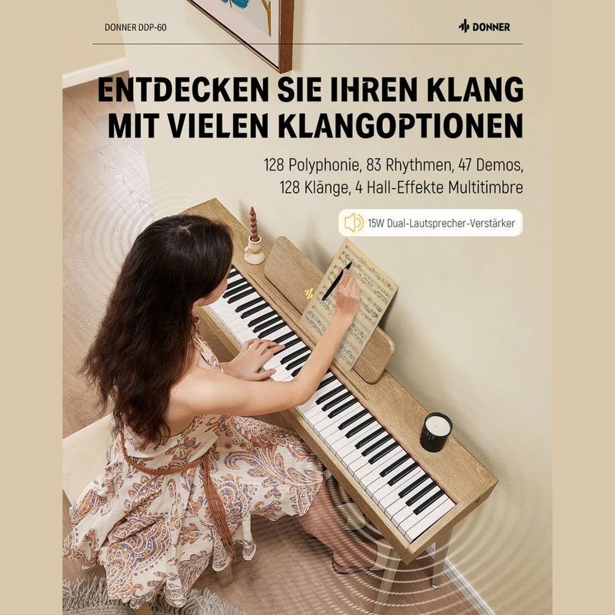 Donner DDP-60 Digitalpiano, 88 halbgewichtete Tasten, 128 Stimmen, 83 Rhythmen 3