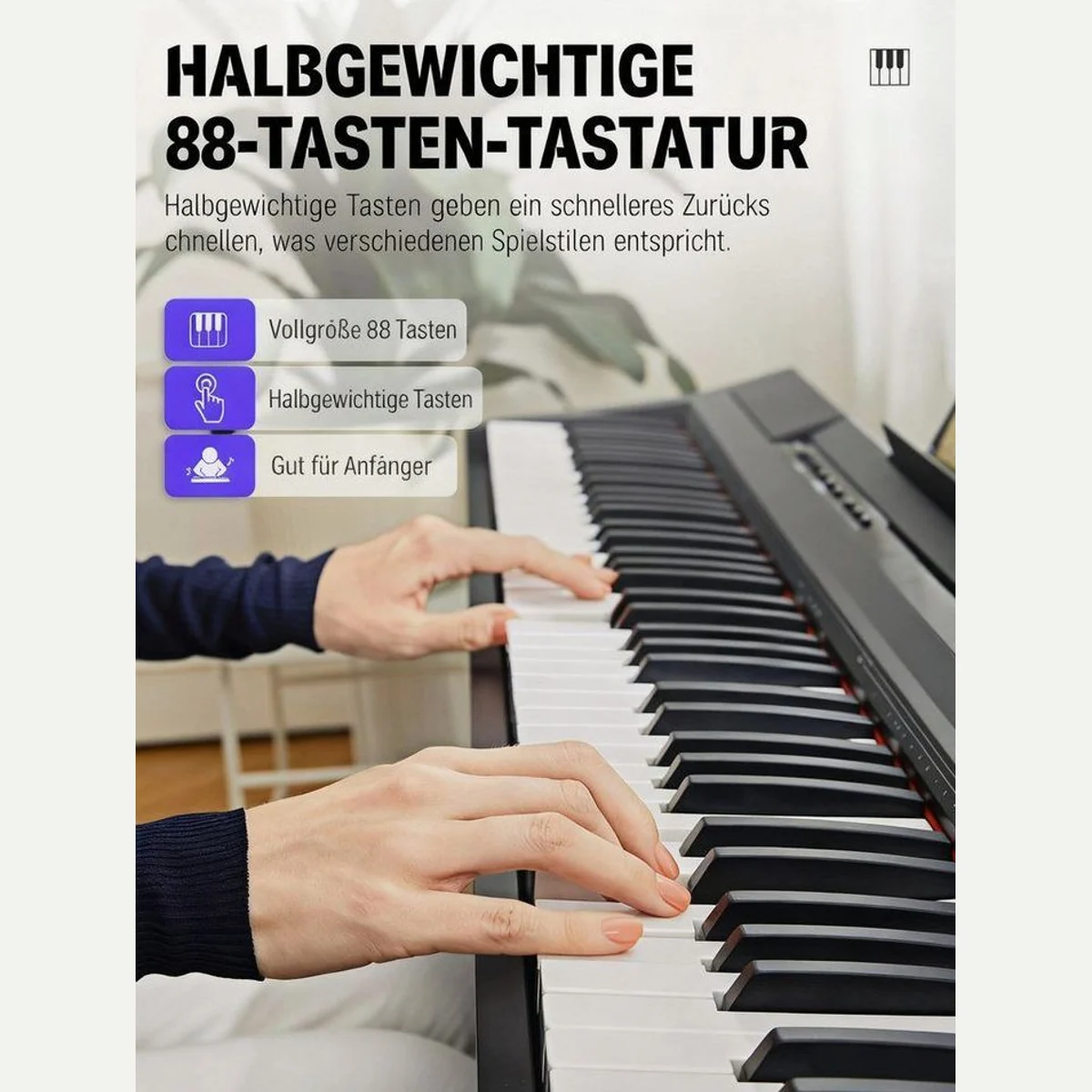 Donner DEP-10 Digitalpiano, 88 Tasten, Halbgewichtete Tastatur, inkl. Möbelständer und Dreifachpedalen 2