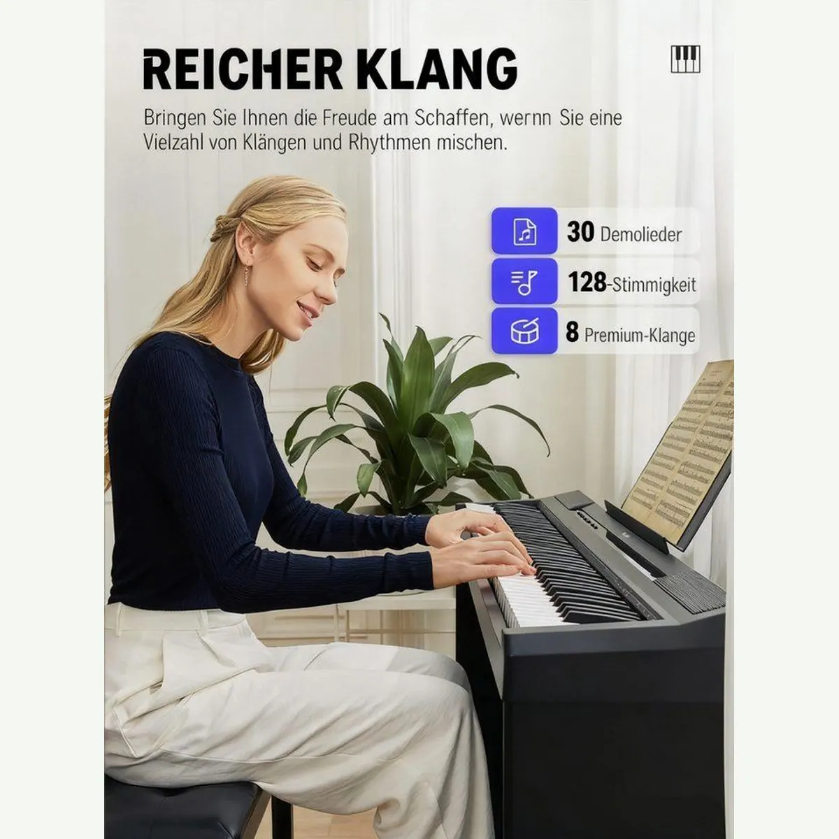 Donner DEP-10 Digitalpiano, 88 Tasten, Halbgewichtete Tastatur, inkl. Möbelständer und Dreifachpedalen 3